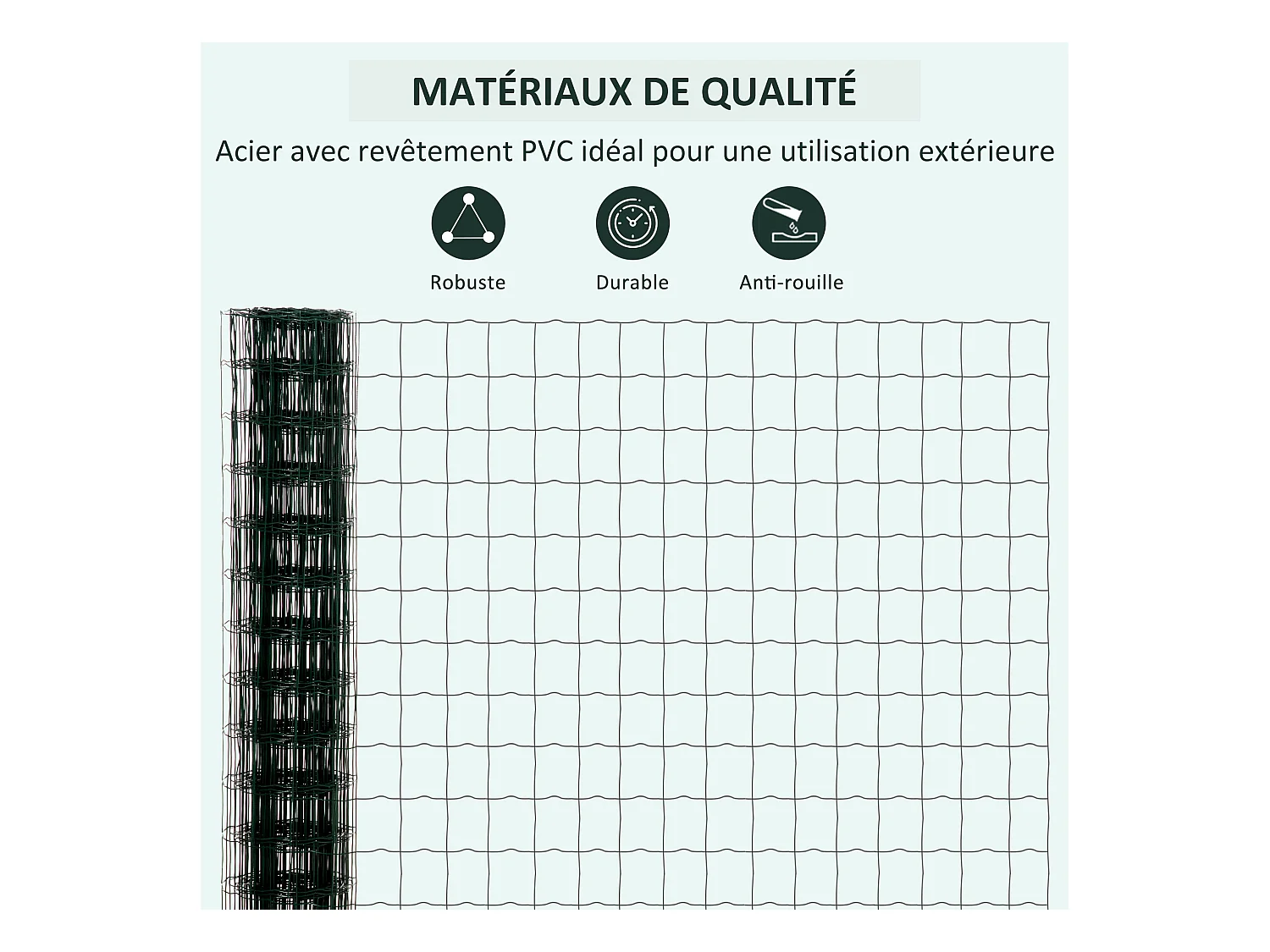 Grillage rouleau soudé - maille 7,3L x 6,3l cm - hauteur 2 m - longueur 10 m - poteaux, jambes de force inclus - acier revêtement PVC vert
