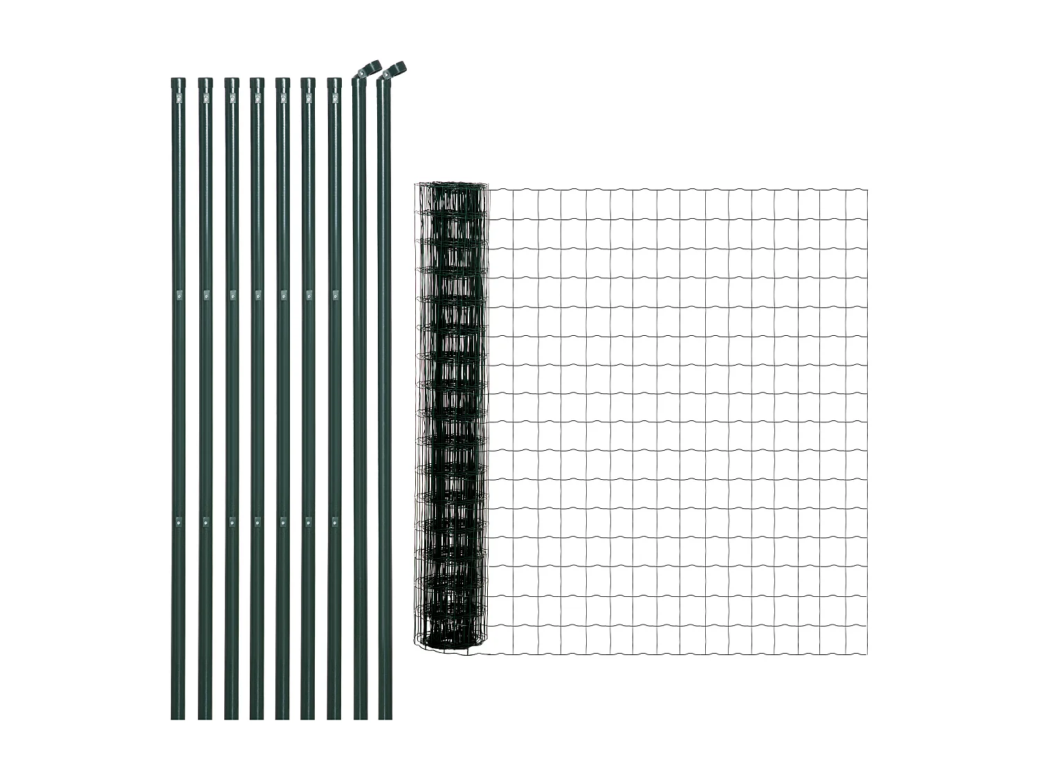 Grillage rouleau soudé - maille 7,3L x 6,3l cm - hauteur 2 m - longueur 10 m - poteaux, jambes de force inclus - acier revêtement PVC vert