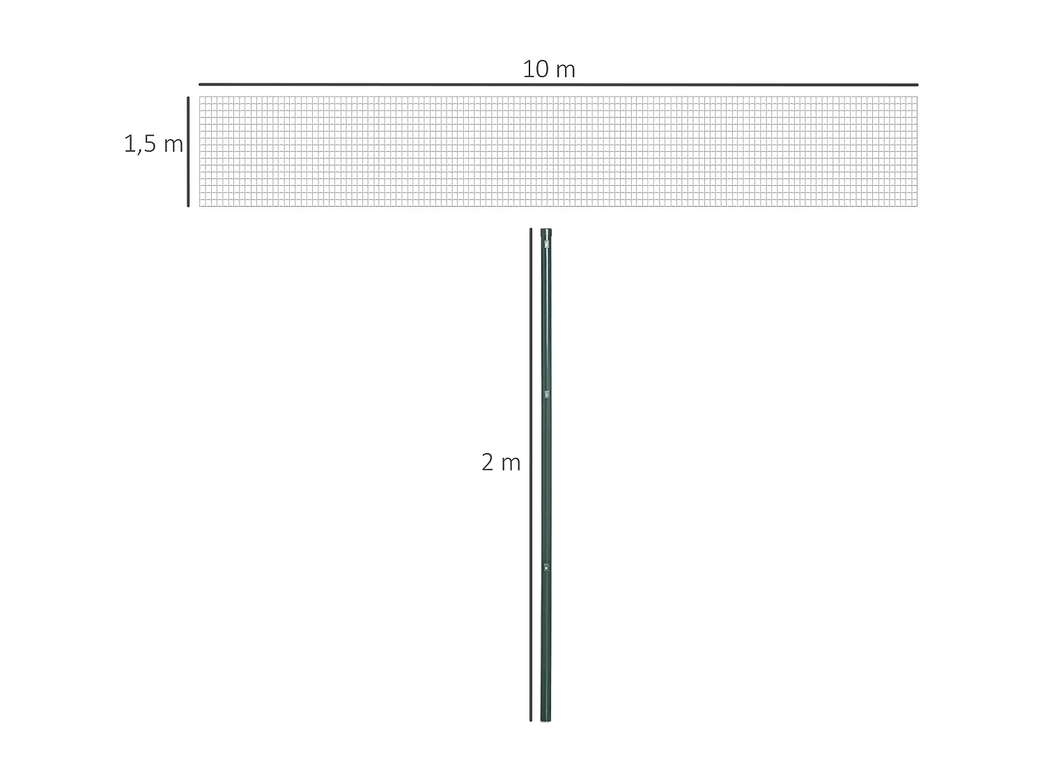 Grillage rouleau soudé - maille 7,3L x 6,3l cm - hauteur 2 m - longueur 10 m - poteaux, jambes de force inclus - acier revêtement PVC vert