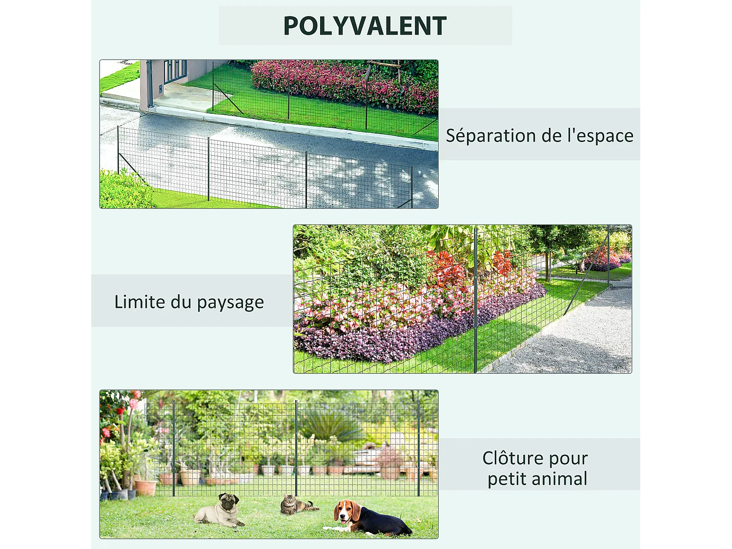 Grillage rouleau soudé - maille 7,3L x 6,3l cm - hauteur 2 m - longueur 10 m - poteaux, jambes de force inclus - acier revêtement PVC vert