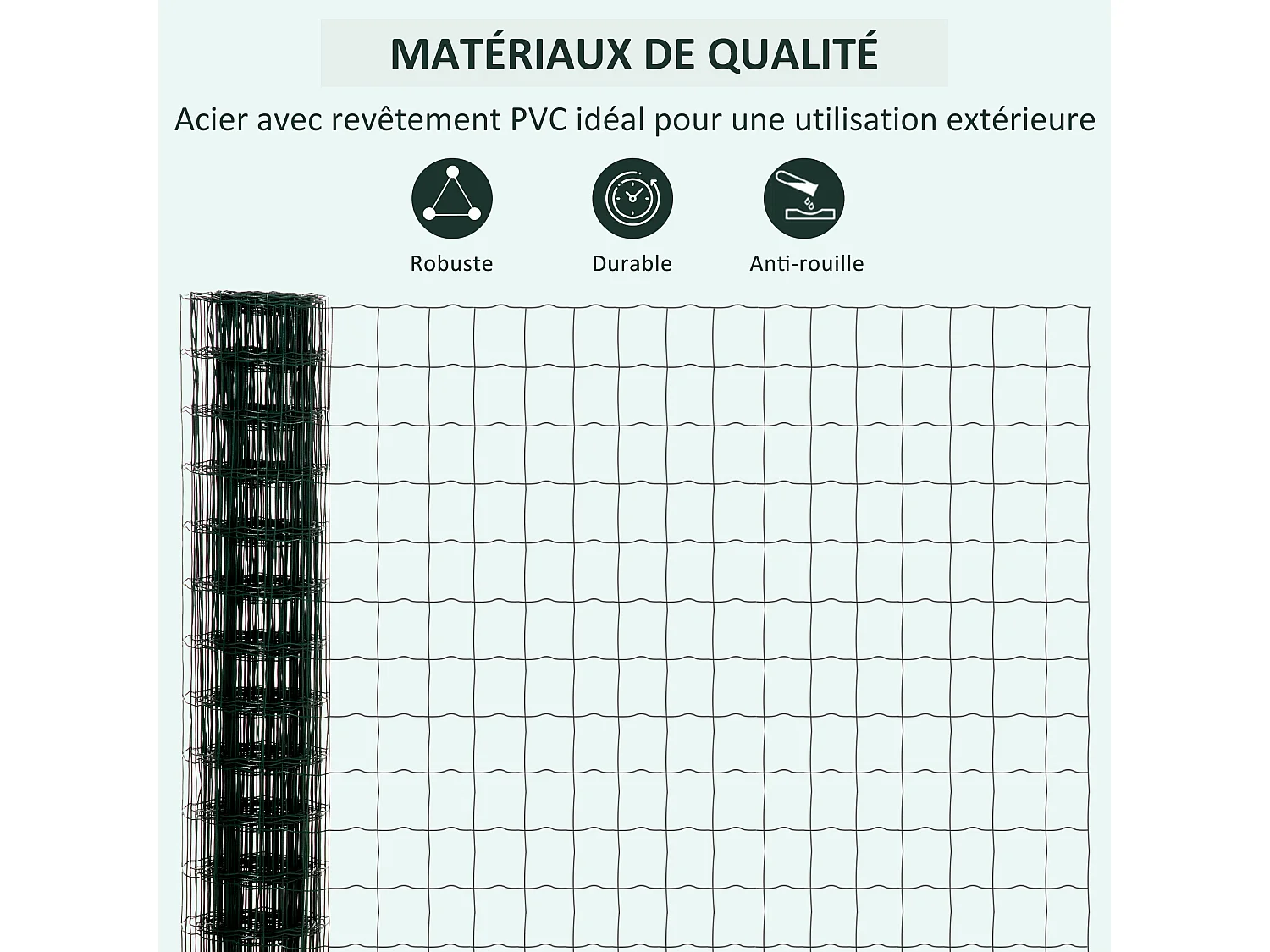 Grillage rouleau soudé - maille 7,3L x 6,3l cm - hauteur 2 m - longueur 10 m - poteaux, jambes de force inclus - acier revêtement PVC vert