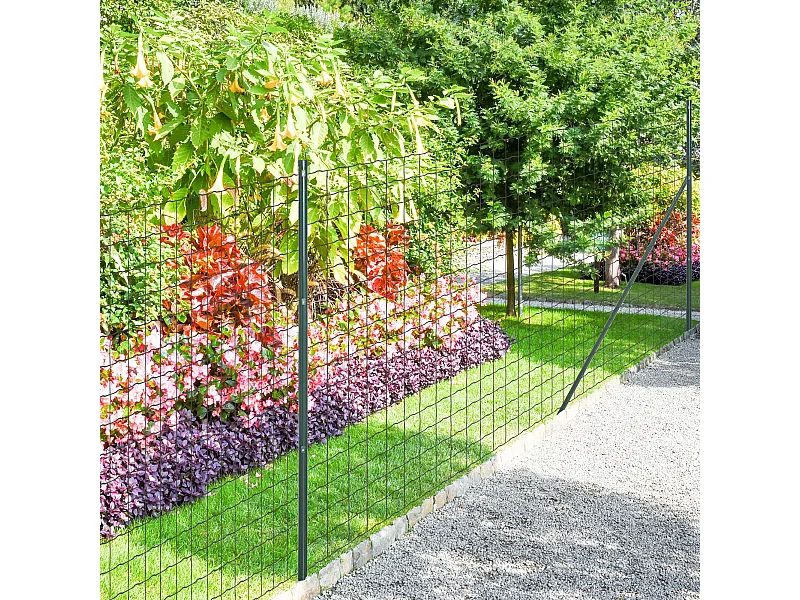 Grillage rouleau soudé - maille 7,3L x 6,3l cm - hauteur 2 m - longueur 10 m - poteaux, jambes de force inclus - acier revêtement PVC vert