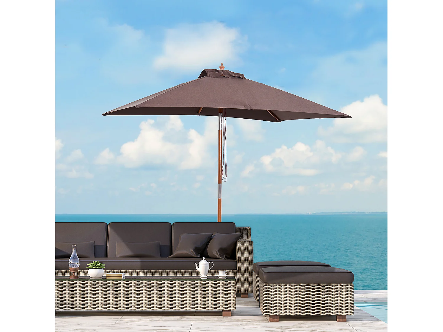 Parasol rectangulaire inclinable bois polyester haute densité 2L x 1,5l x 2,3H m chocolat