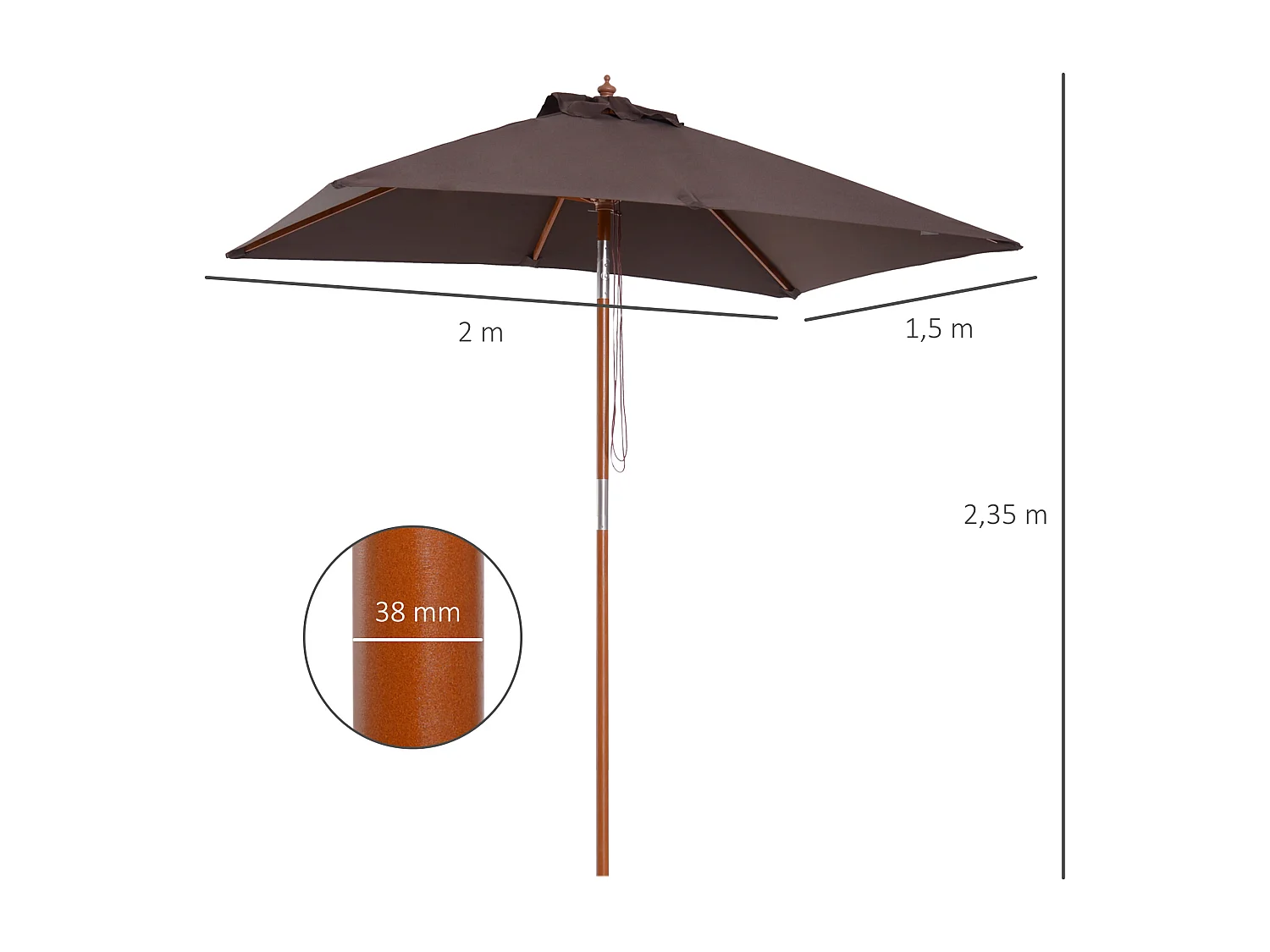 Parasol rectangulaire inclinable bois polyester haute densité 2L x 1,5l x 2,3H m chocolat
