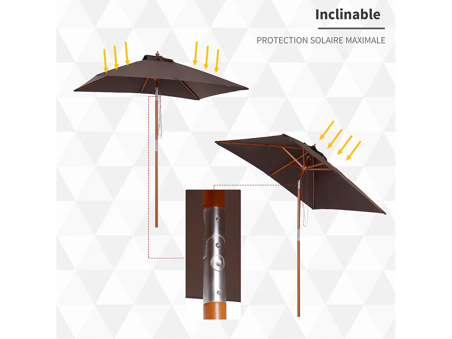 Parasol rectangulaire inclinable bois polyester haute densité 2L x 1,5l x 2,3H m chocolat