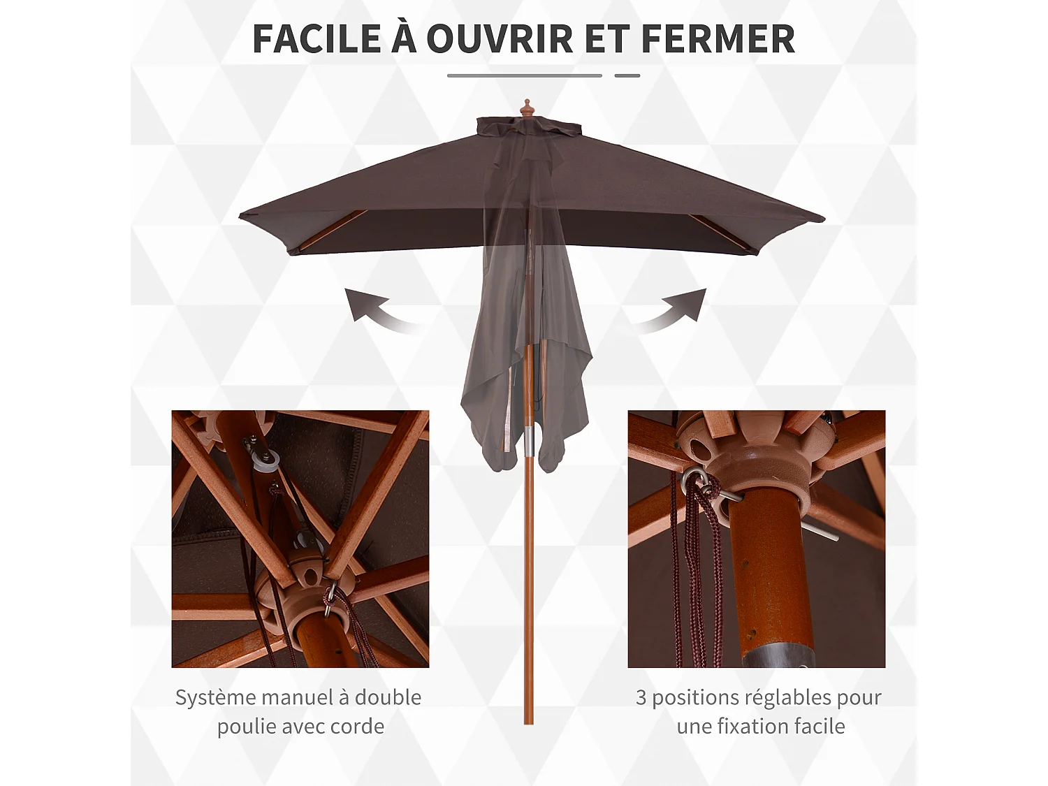Parasol rectangulaire inclinable bois polyester haute densité 2L x 1,5l x 2,3H m chocolat