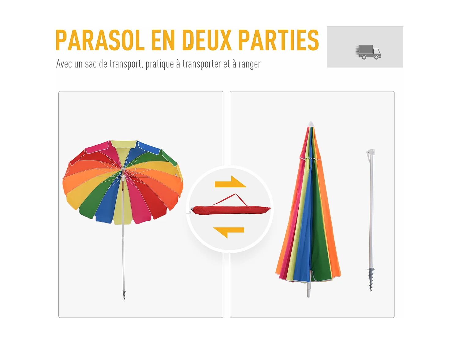 Parasol inclinable rond Ø 220 cm tissu polyester haute densité anti-UV mât démontable alu sac de transport inclu multicolore