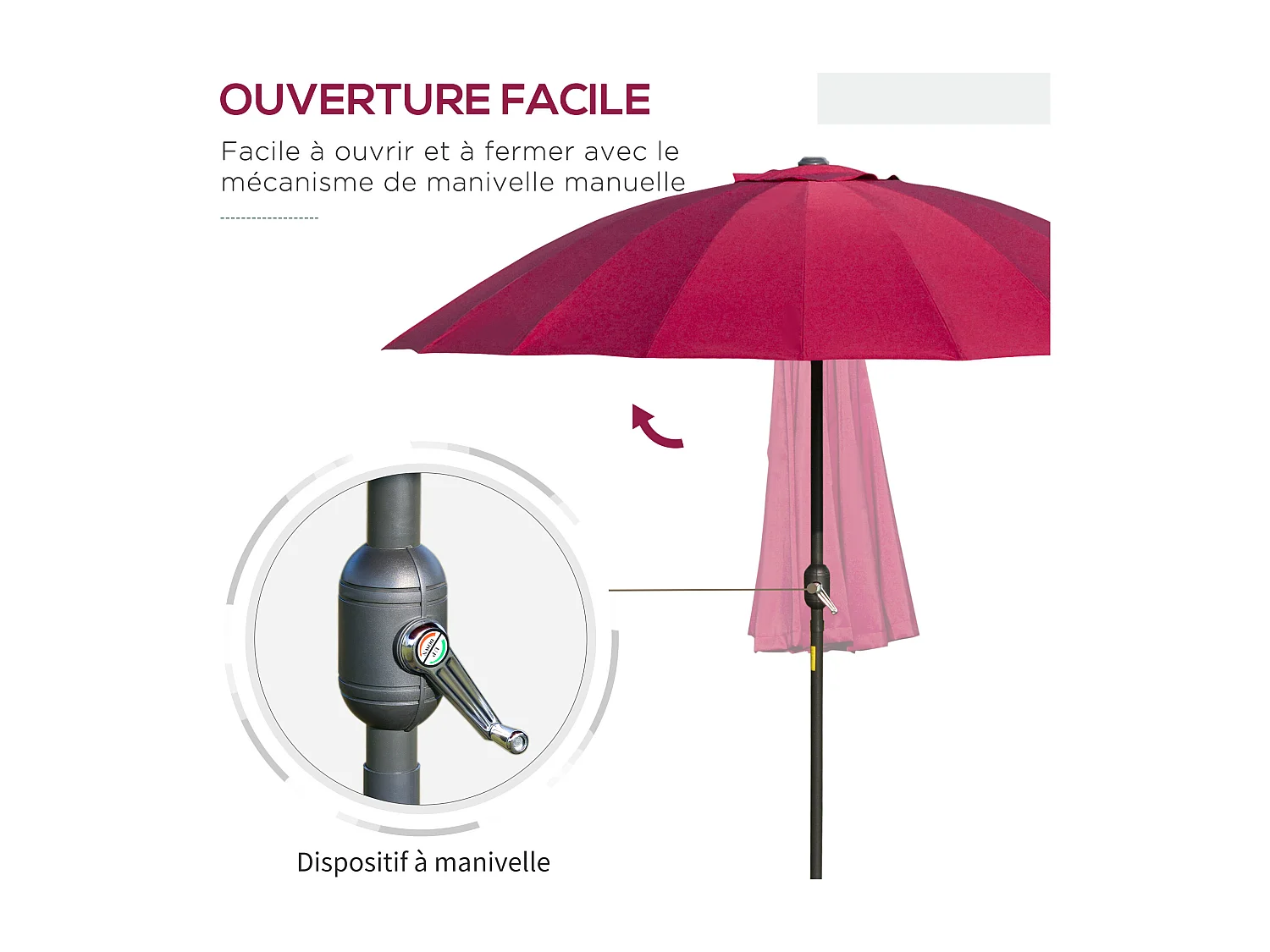 Parasol inclinable rond avec manivelle métal fibre de verre Ø 2,55 m polyester haute densité bordeaux