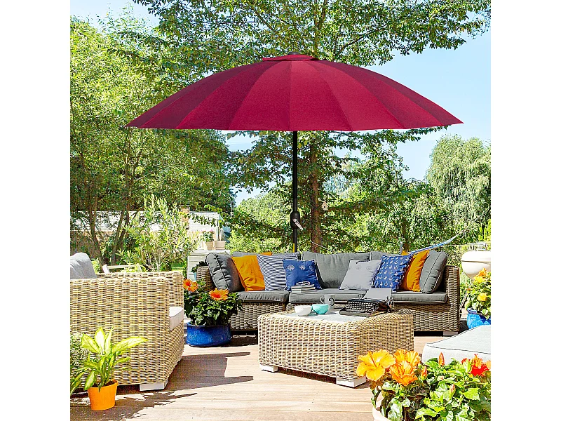 Parasol inclinable rond avec manivelle métal fibre de verre Ø 2,55 m polyester haute densité bordeaux