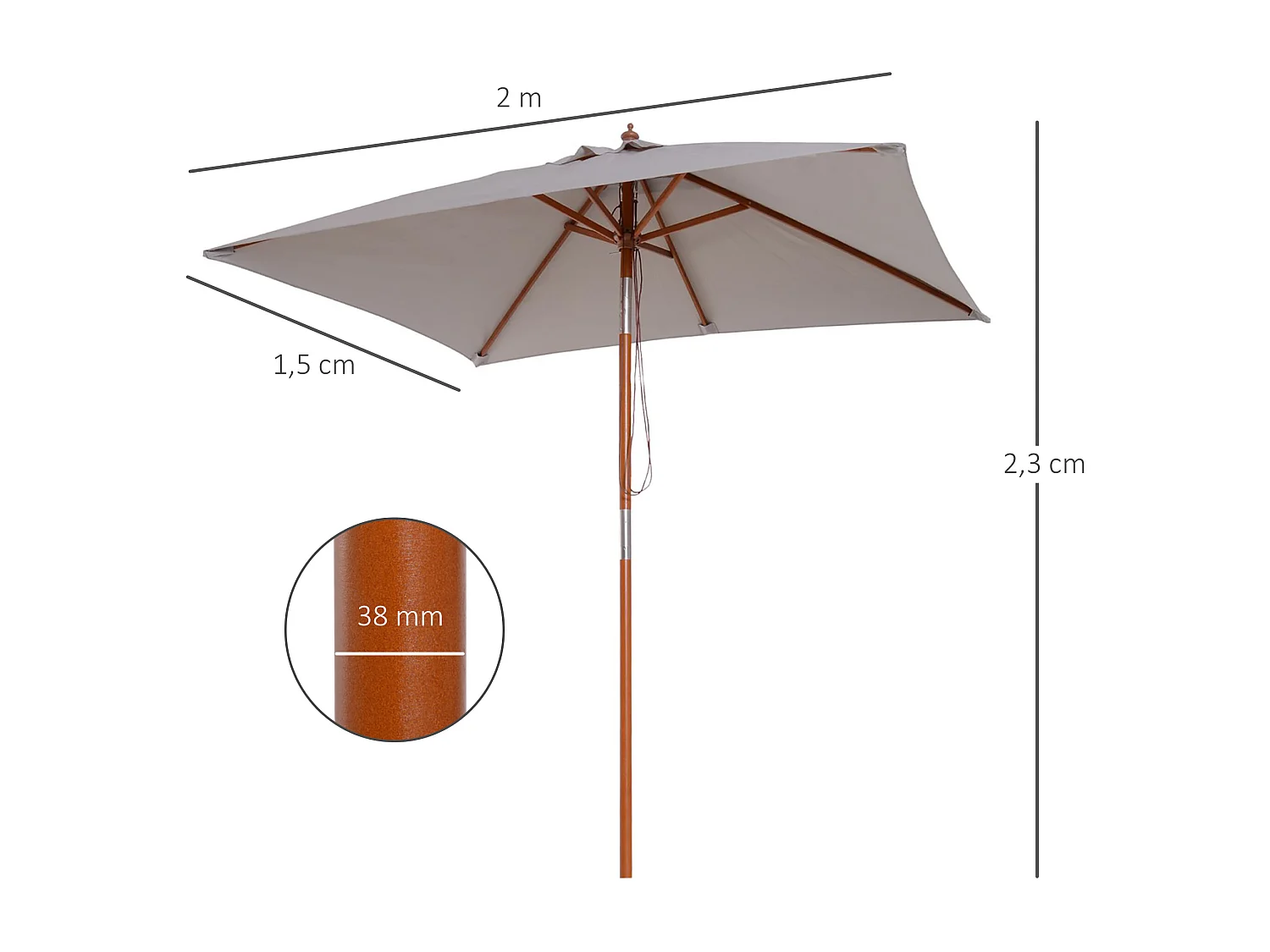Parasol rectangulaire inclinable bois polyester haute densité 2L x 1,5l x 2,3H m gris clair