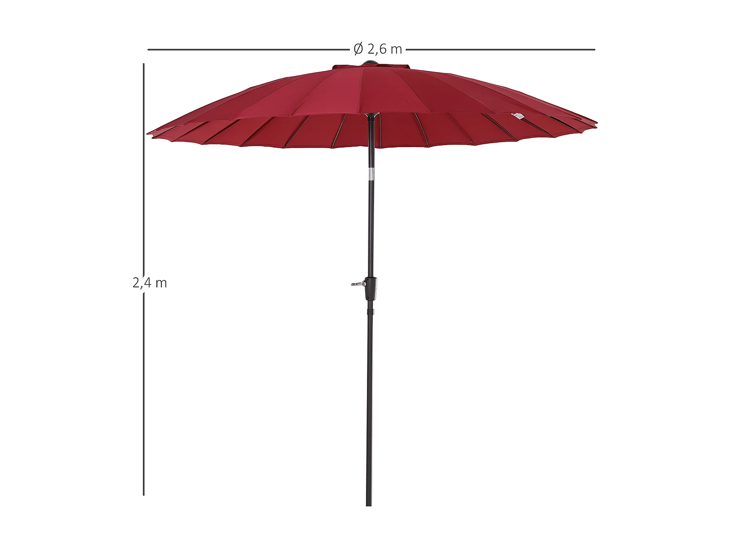 Parasol inclinable rond avec manivelle aluminium fibre de verre polyester diamètre 2,60 m coloris rouge