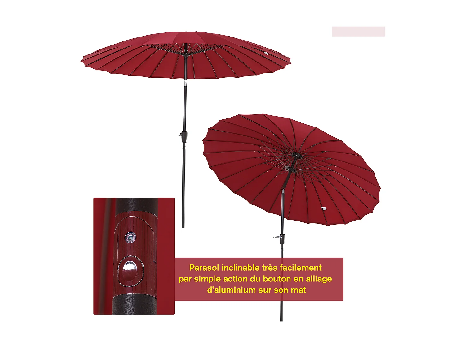 Parasol inclinable rond avec manivelle aluminium fibre de verre polyester diamètre 2,60 m coloris rouge
