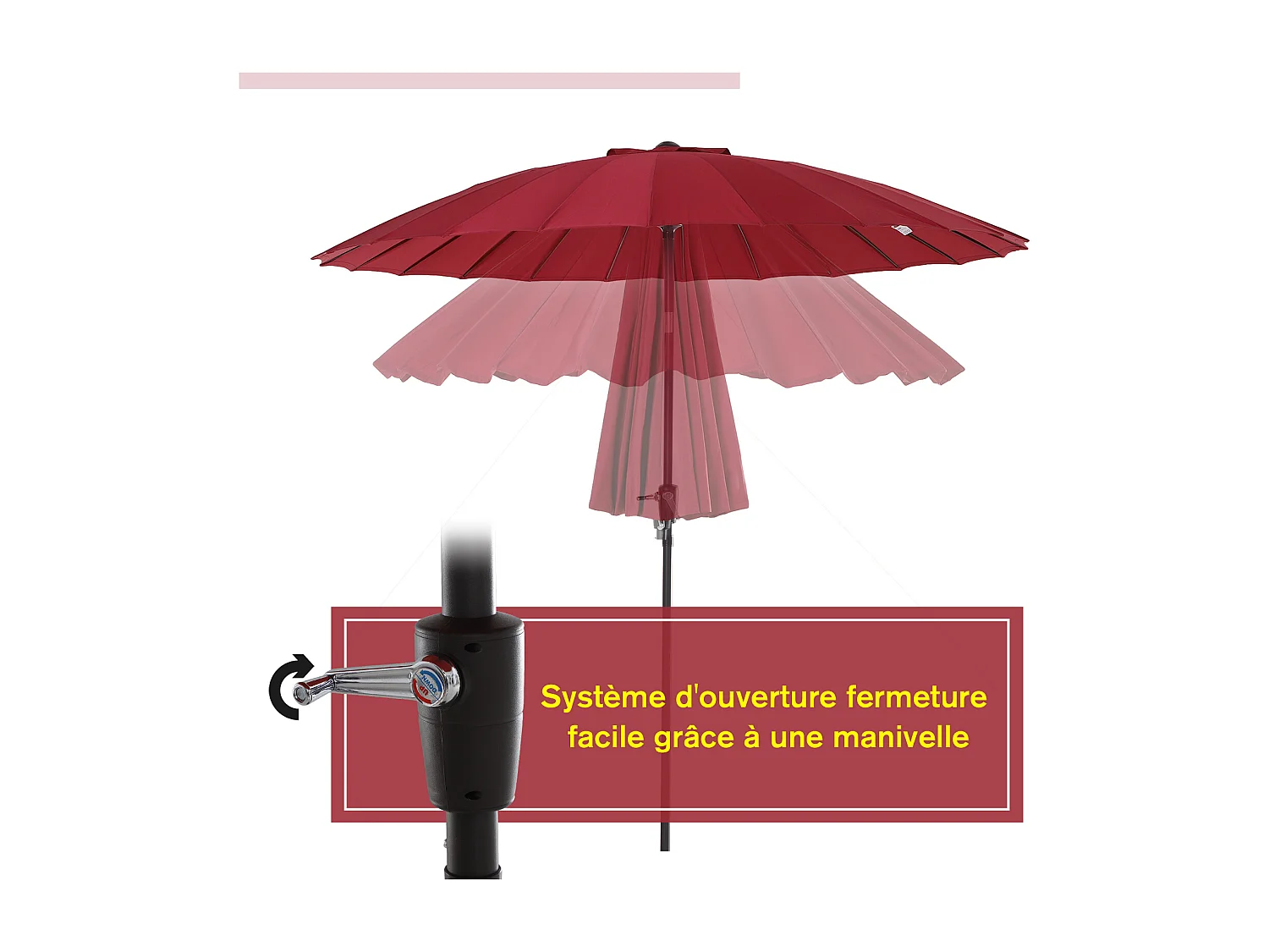 Parasol inclinable rond avec manivelle aluminium fibre de verre polyester diamètre 2,60 m coloris rouge