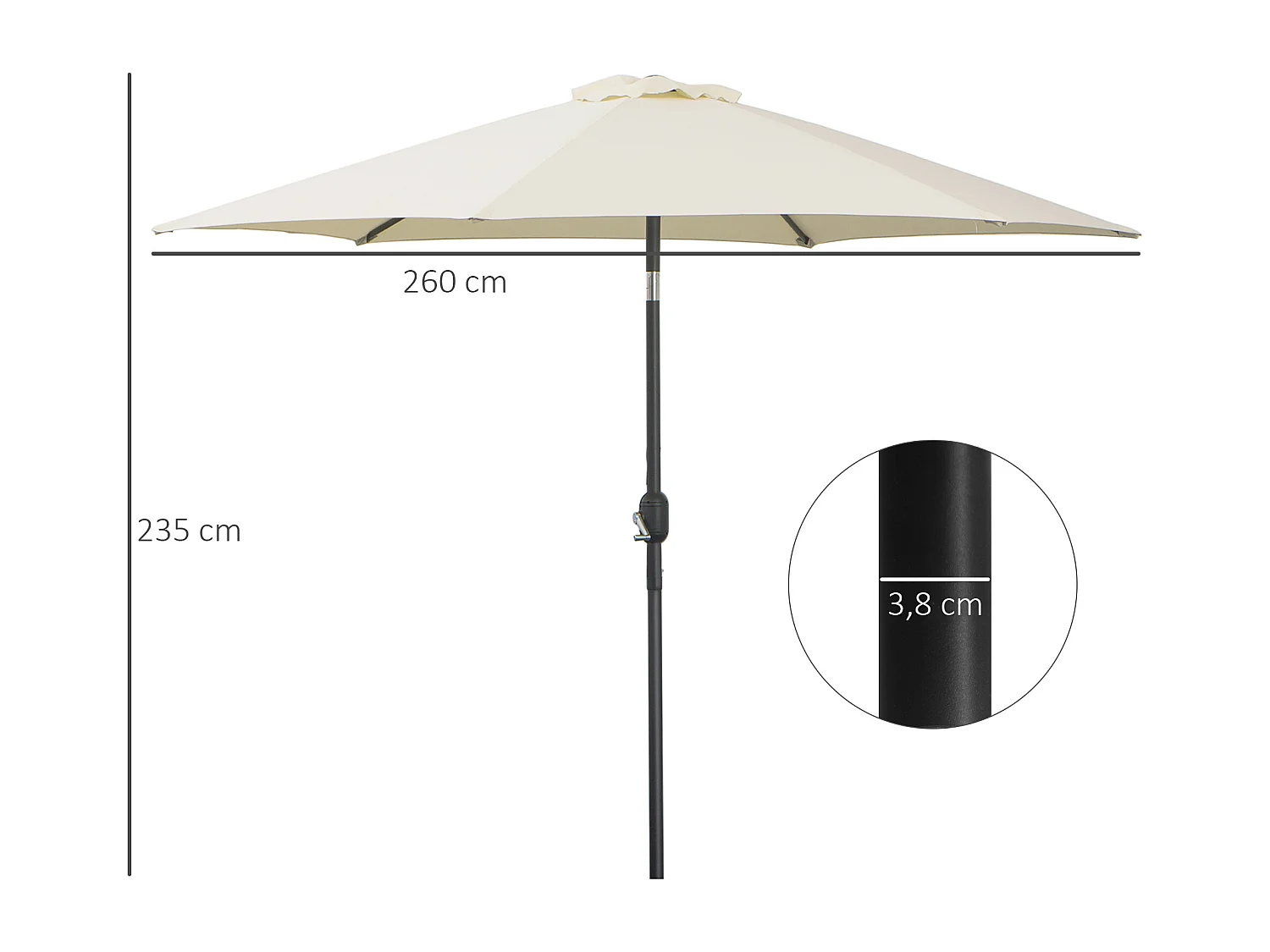 Parasol inclinable de jardin balcon terrasse manivelle toile polyester imperméabilisée haute densité 180 g/m² Ø2,7 x 2,35H m alu crème