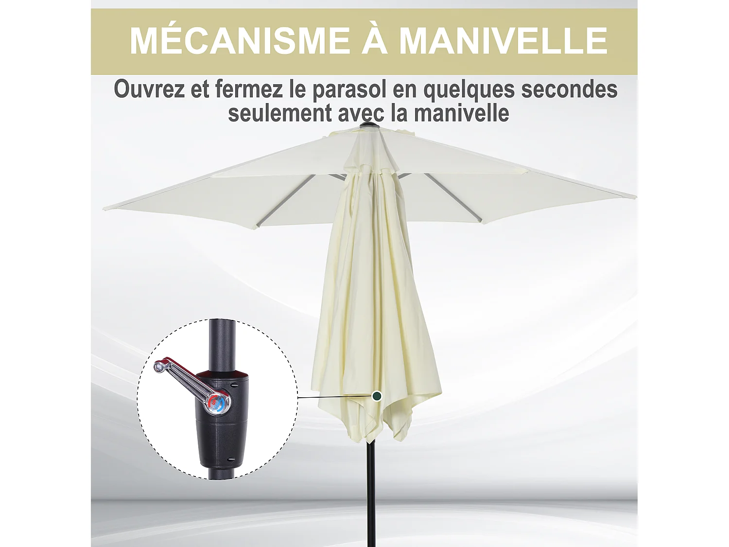 Parasol inclinable de jardin balcon terrasse manivelle toile polyester imperméabilisée haute densité 180 g/m² Ø2,7 x 2,35H m alu crème