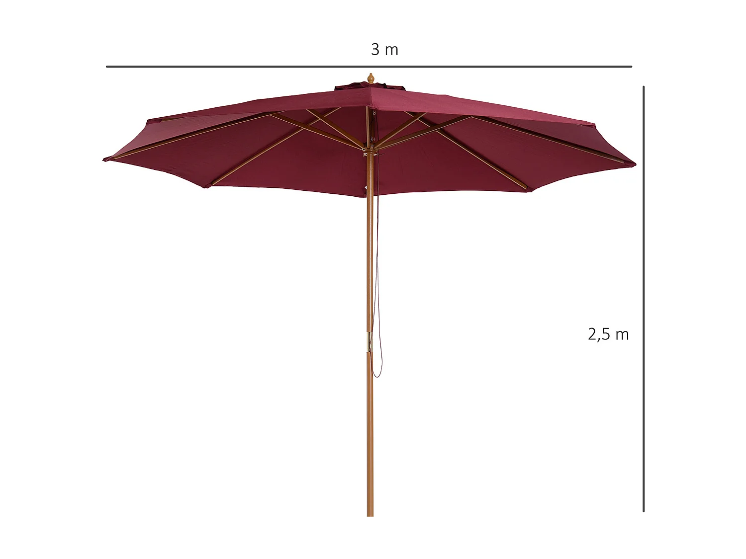 Outsunny Parasol droit en bois polyester haute densité protection solaire Ø 3 x 2,5 m rouge