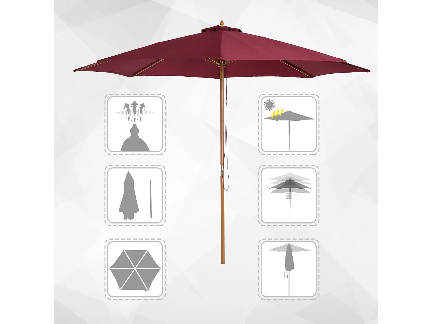 Outsunny Parasol droit en bois polyester haute densité protection solaire Ø 3 x 2,5 m rouge