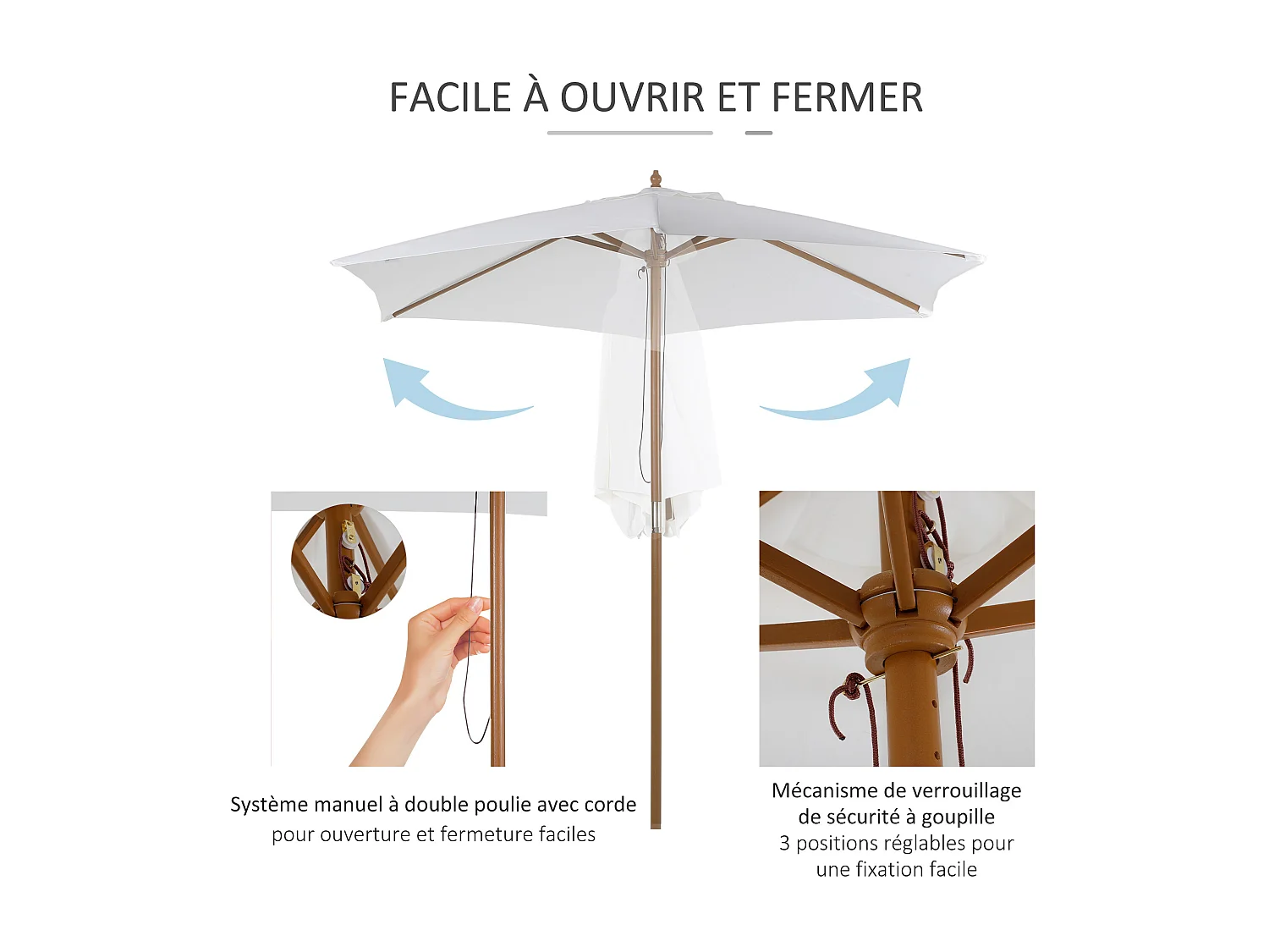 Parasol droit hexagonal de jardin grande taille dim. Ø 2,5 x 2,3H m bambou polyester crème