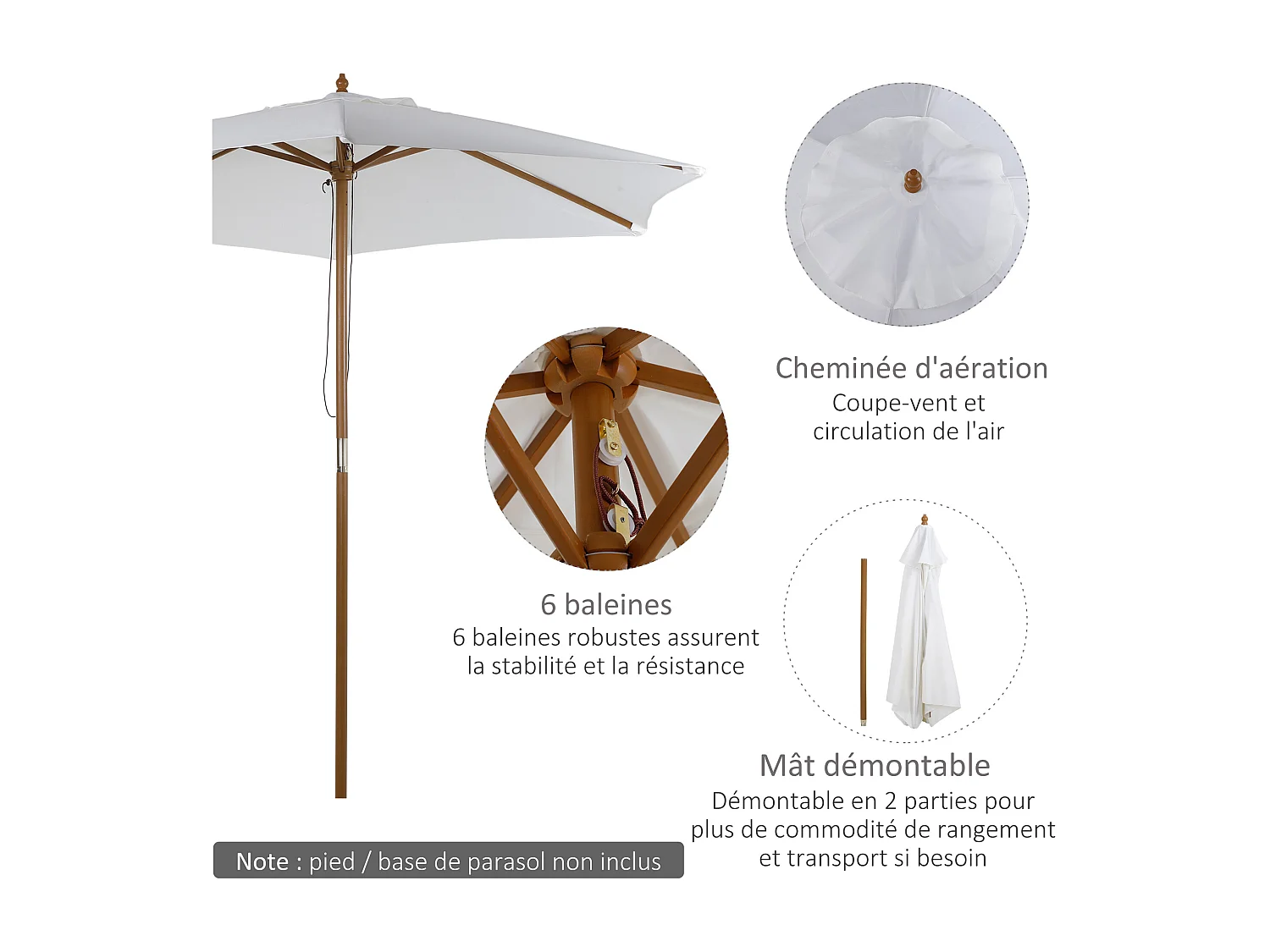 Parasol droit hexagonal de jardin grande taille dim. Ø 2,5 x 2,3H m bambou polyester crème