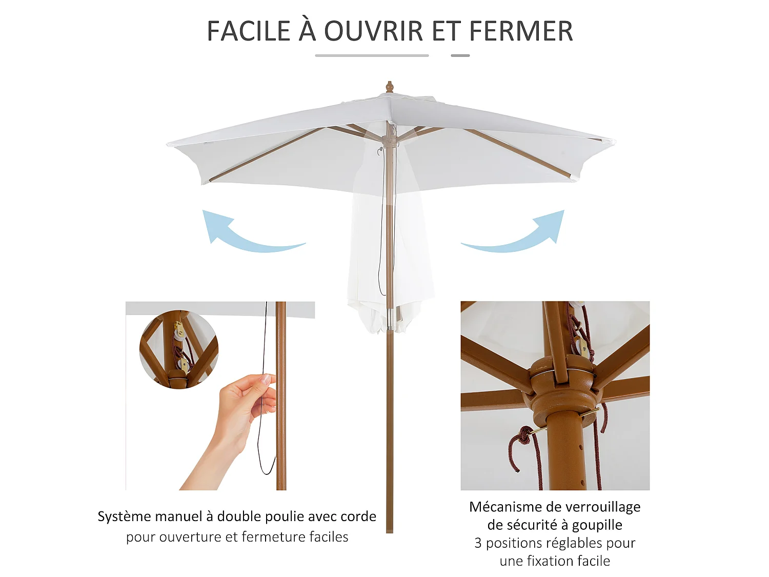 Parasol droit hexagonal de jardin grande taille dim. Ø 2,5 x 2,3H m bambou polyester crème