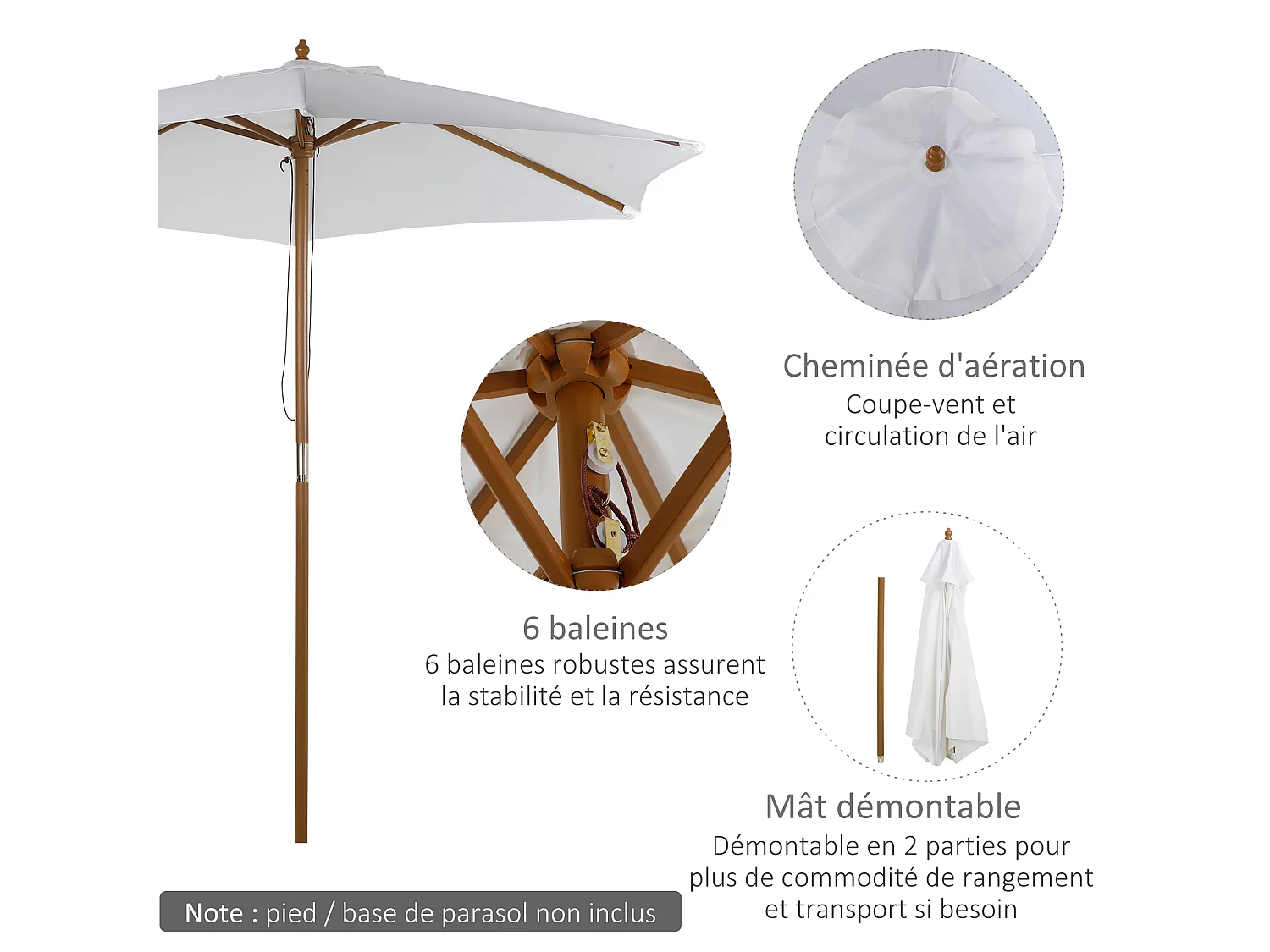 Parasol droit hexagonal de jardin grande taille dim. Ø 2,5 x 2,3H m bambou polyester crème