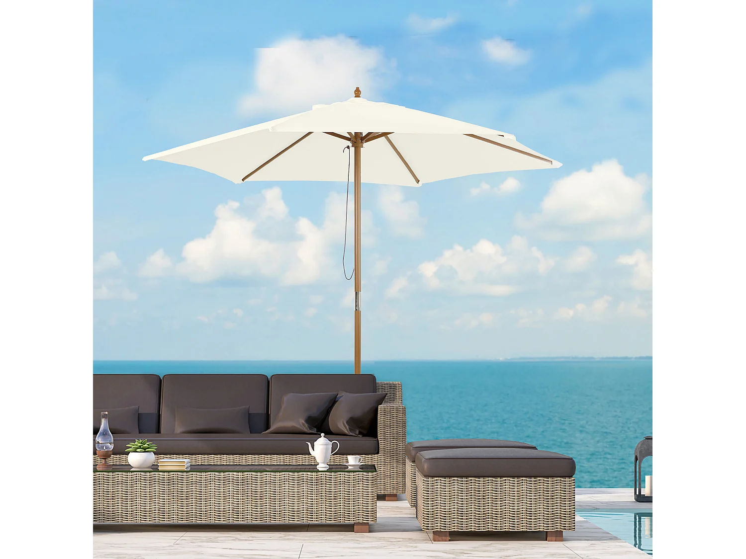 Parasol droit hexagonal de jardin grande taille dim. Ø 2,5 x 2,3H m bambou polyester crème