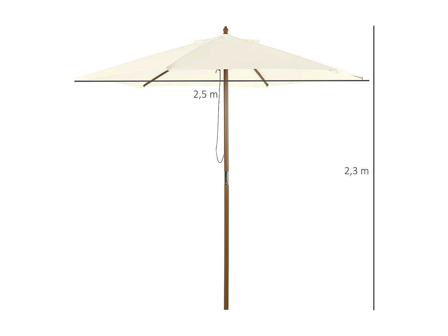 Parasol droit hexagonal de jardin grande taille dim. Ø 2,5 x 2,3H m bambou polyester crème