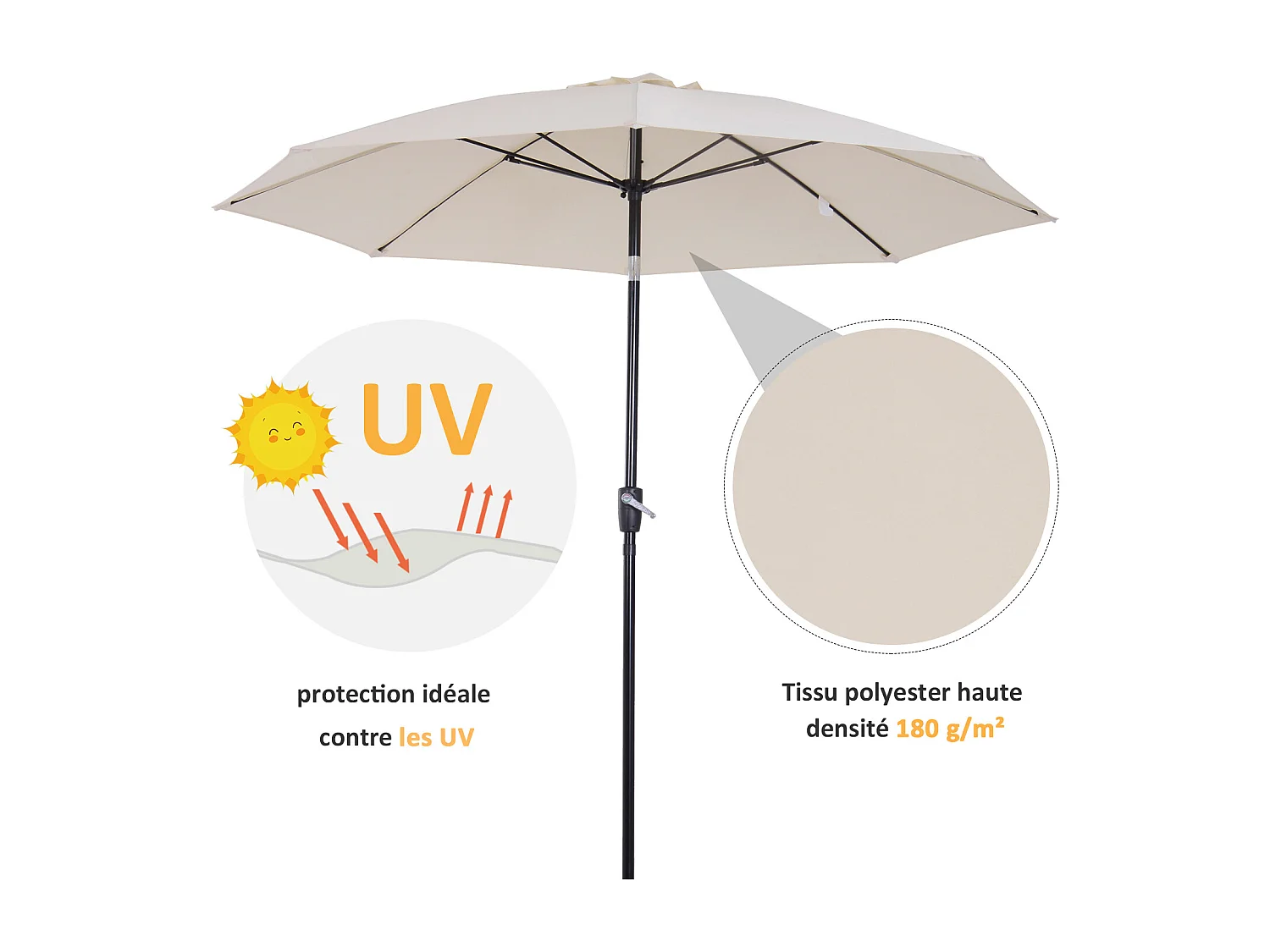 Parasol inclinable aluminium fibre de verre polyester diamètre 2,65 m coloris crème