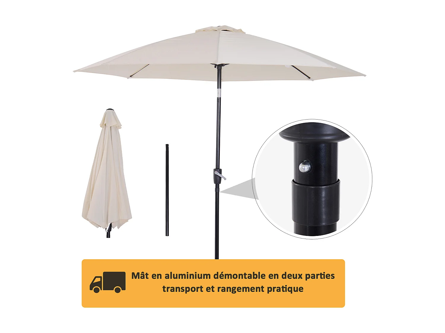 Parasol inclinable aluminium fibre de verre polyester diamètre 2,65 m coloris crème