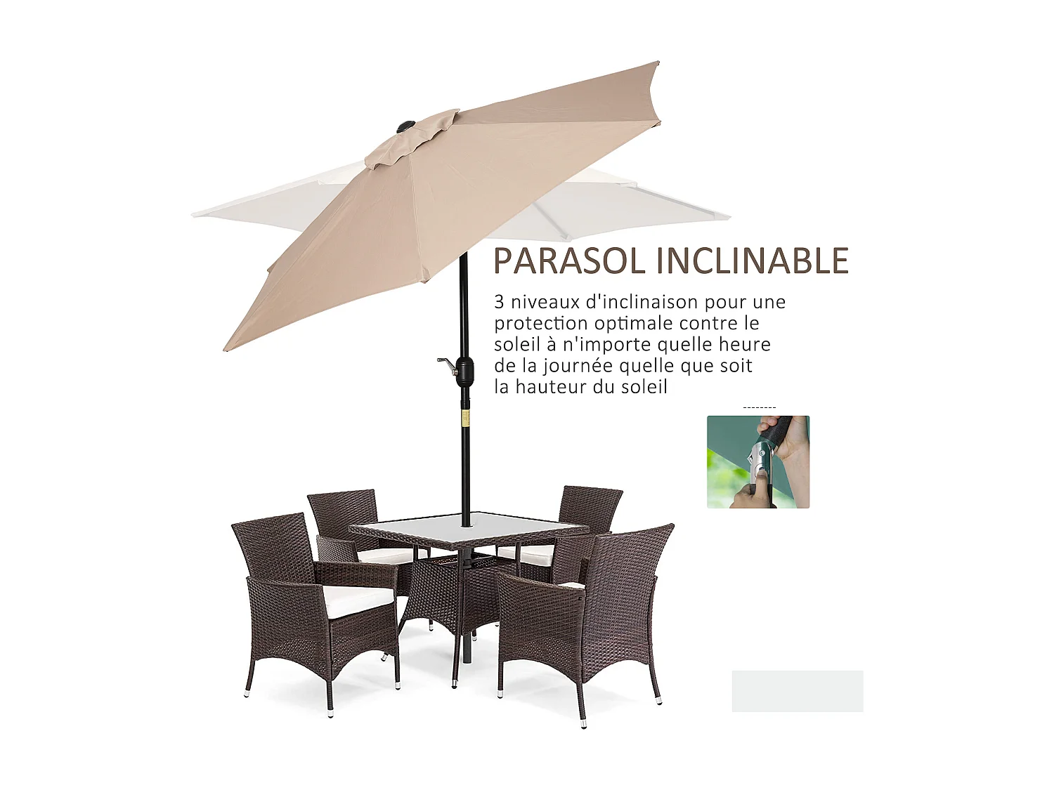 Parasol hexagonal inclinable dim. Ø 2,3 x 2,16H m métal polyester haute densité beige
