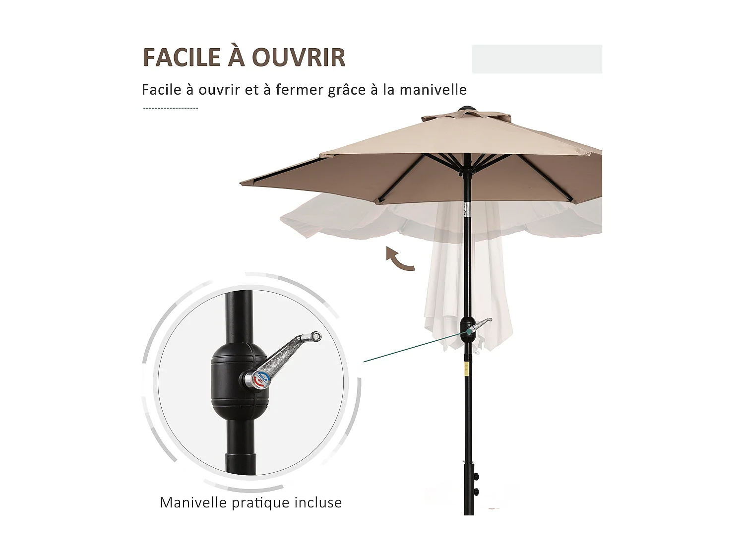 Parasol hexagonal inclinable dim. Ø 2,3 x 2,16H m métal polyester haute densité beige