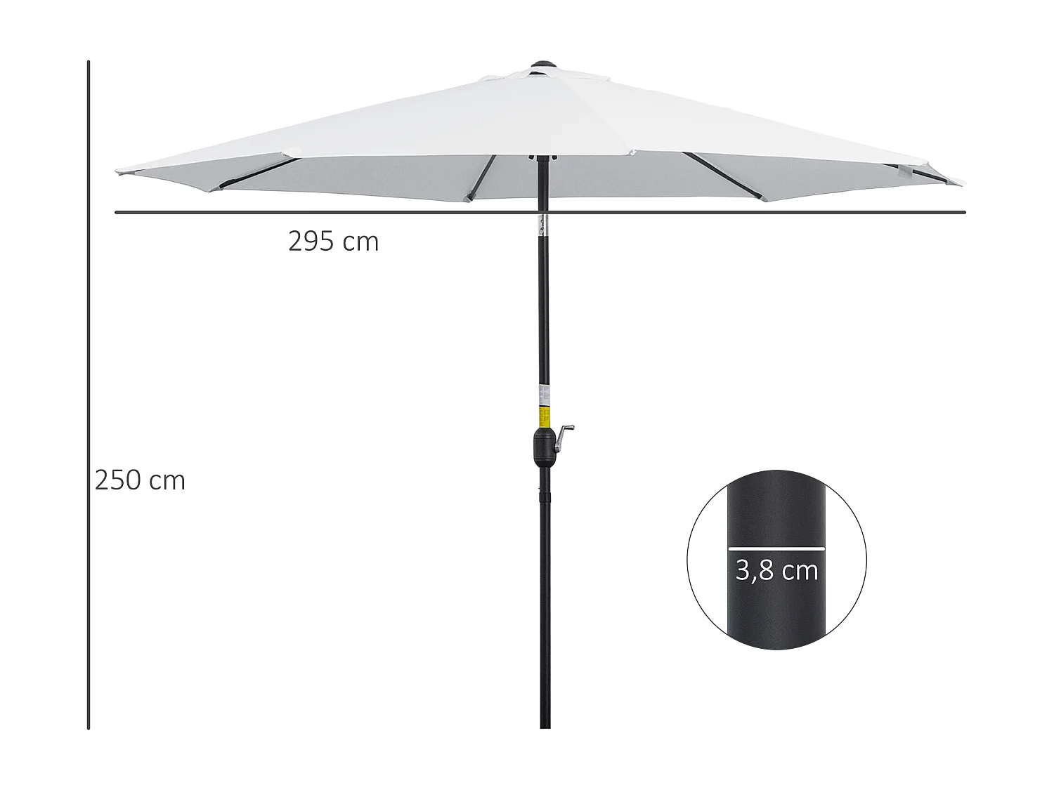 Parasol en métal rond polyester 180g/m² manivelle inclinable Ø 3 x 2,45 m blanc