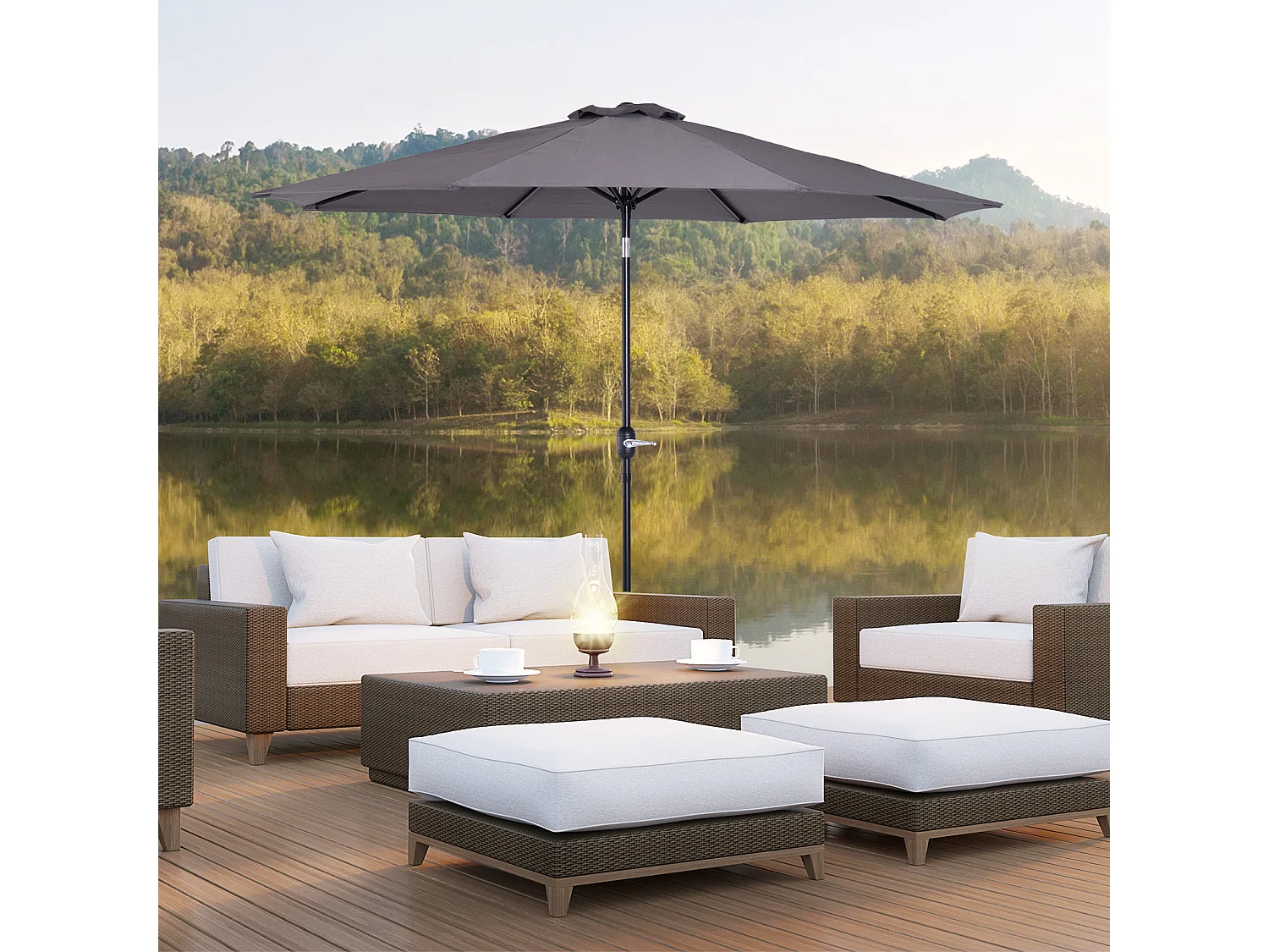 Parasol en métal rond polyester 180g/m² manivelle inclinable Ø 3 x 2,45 m gris