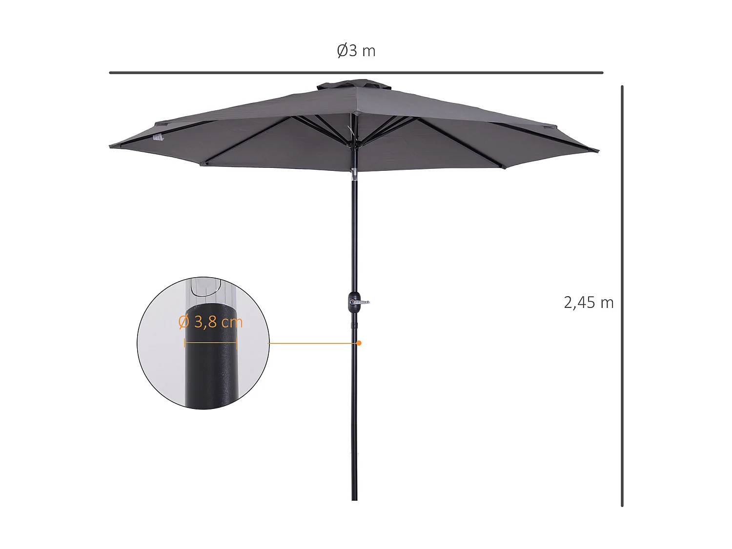 Parasol en métal rond polyester 180g/m² manivelle inclinable Ø 3 x 2,45 m gris