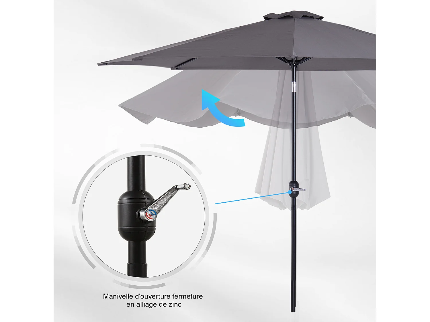 Parasol en métal rond polyester 180g/m² manivelle inclinable Ø 3 x 2,45 m gris