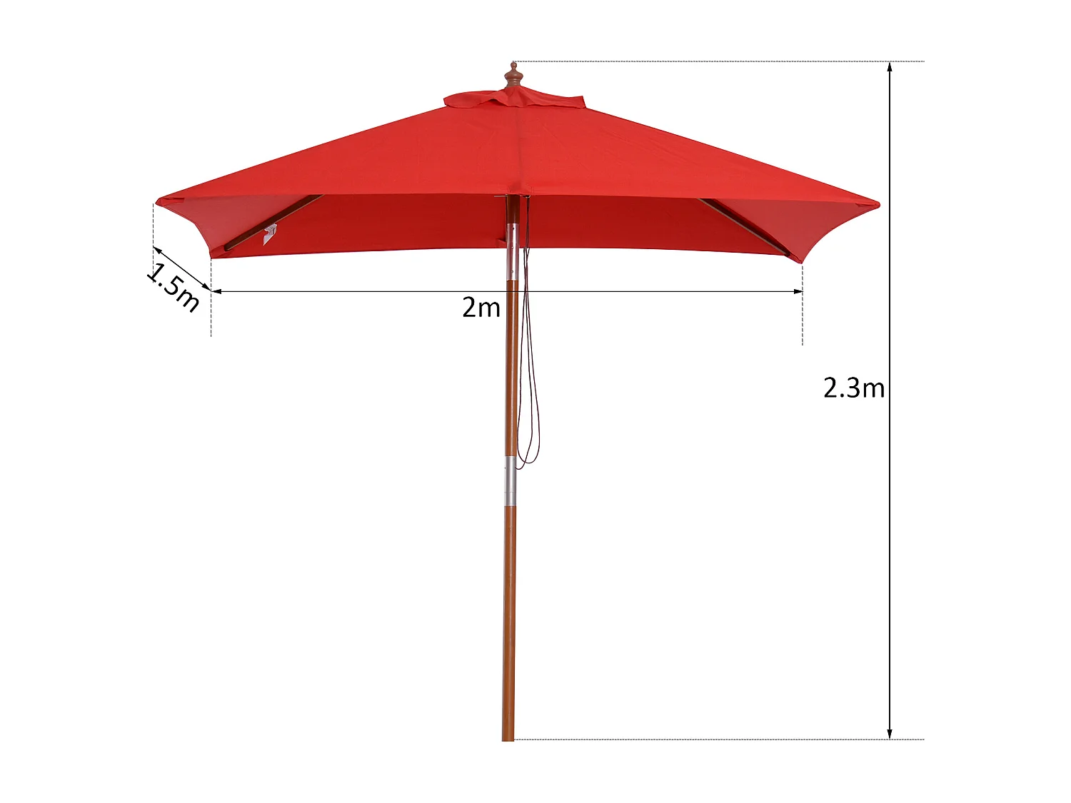 Parasol rectangulaire inclinable bois polyester haute densité 2L x 1,5l x 2,3H m rouge