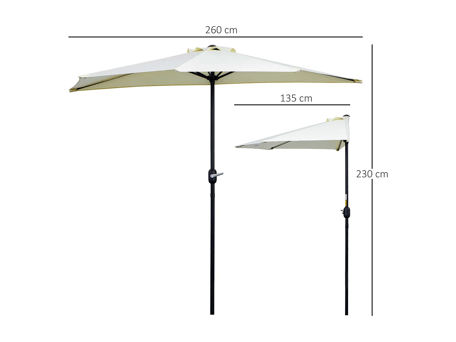 Demi parasol - parasol de balcon - ouverture fermeture manivelle - acier polyester haute densité crème