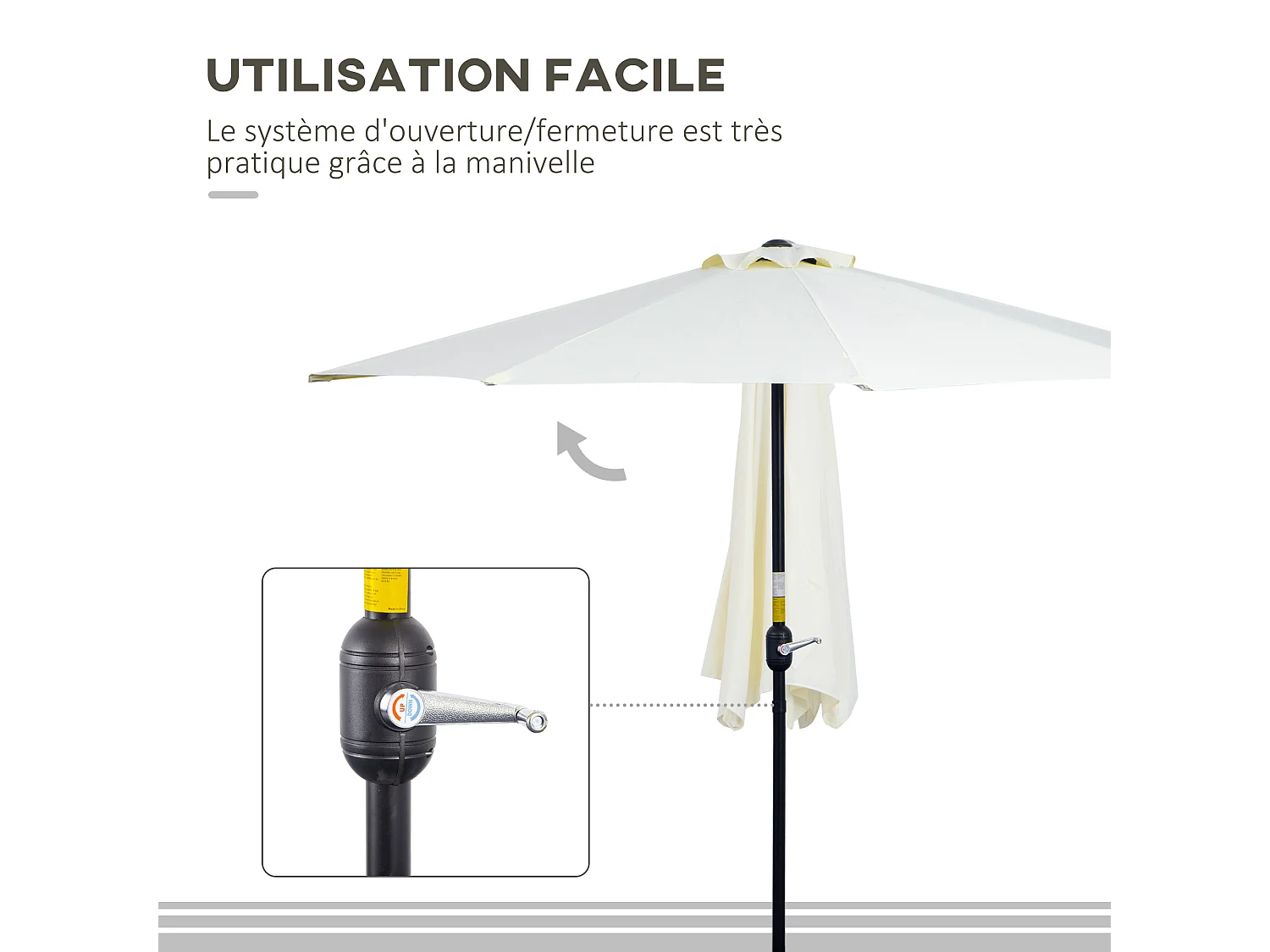 Demi parasol - parasol de balcon - ouverture fermeture manivelle - acier polyester haute densité crème