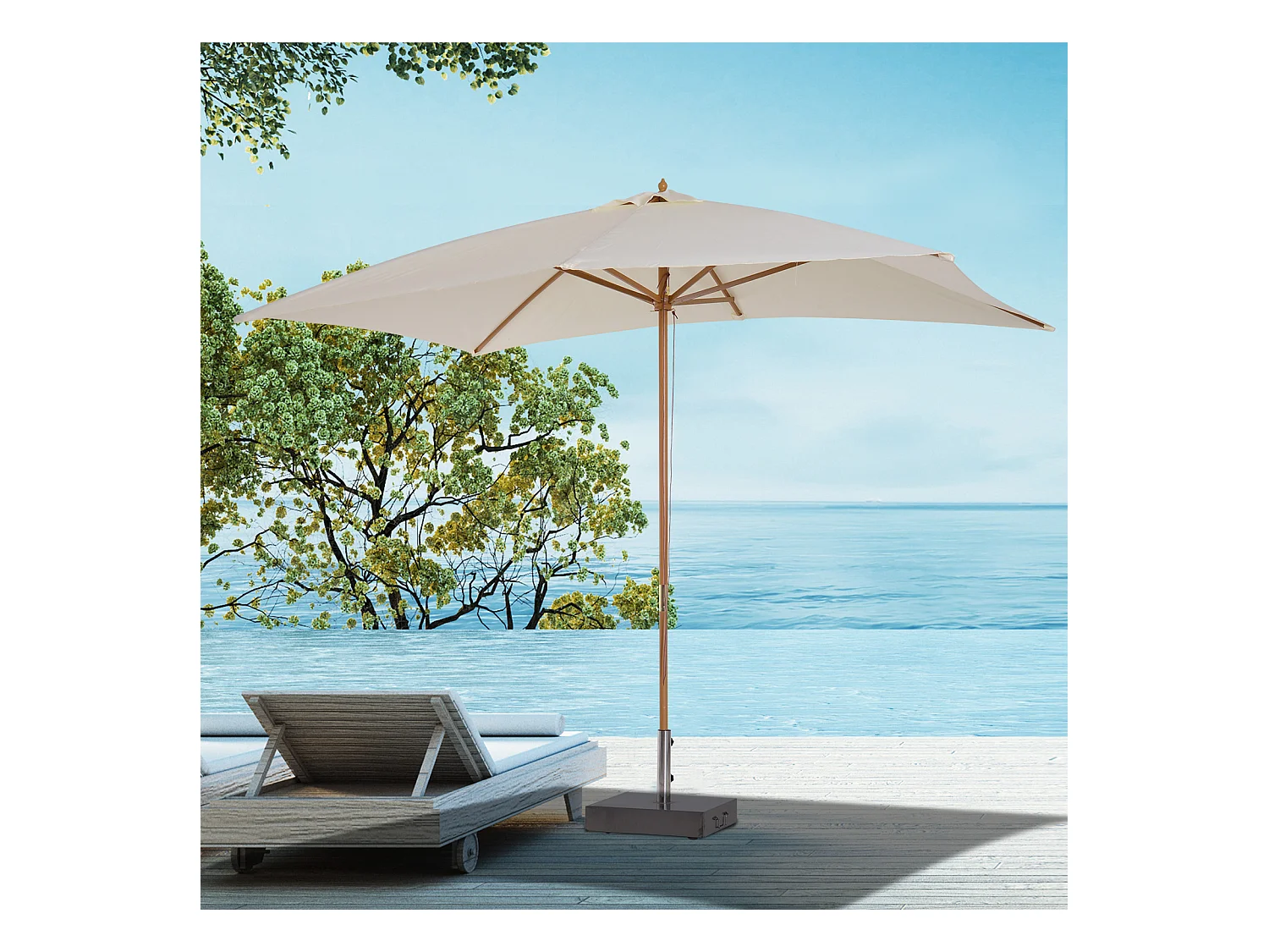 Parasol droit rectangulaire bois polyester haute densité 2,95L x 2l x 2,55H m crème