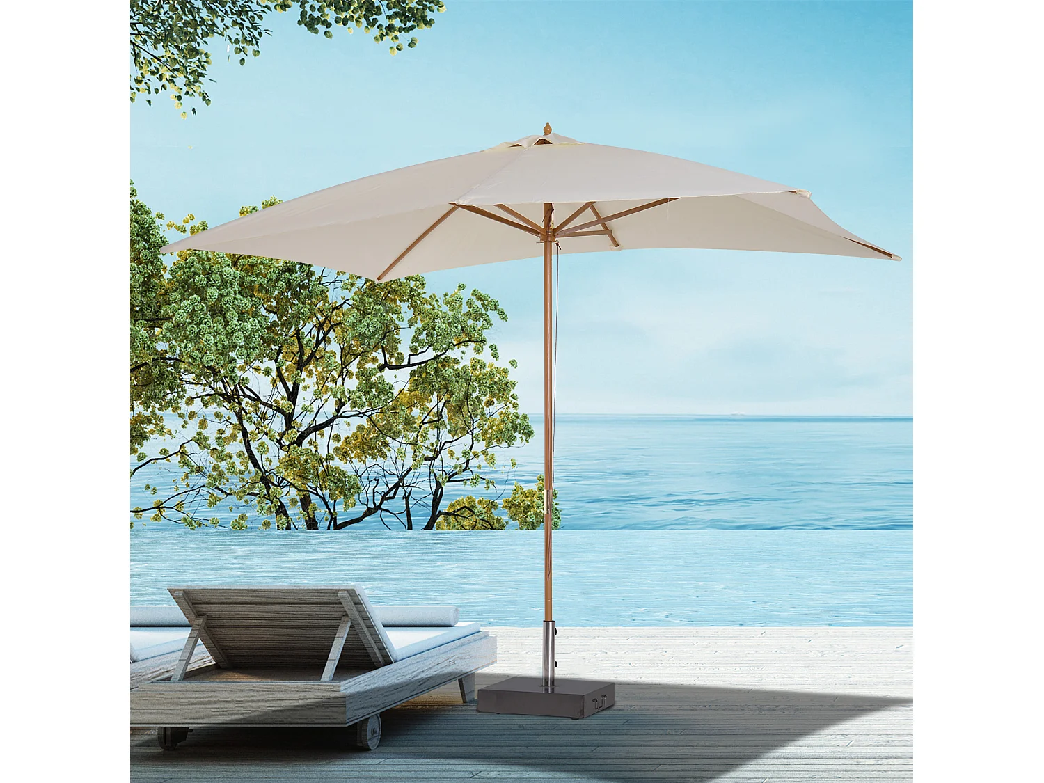 Parasol droit rectangulaire bois polyester haute densité 2,95L x 2l x 2,55H m crème