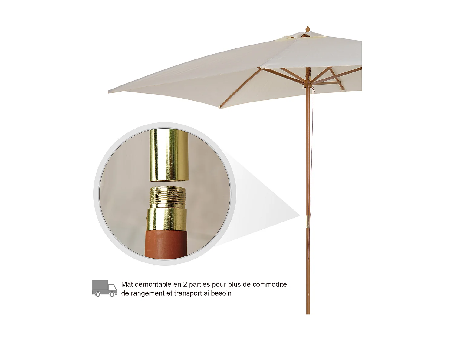 Parasol droit rectangulaire bois polyester haute densité 2,95L x 2l x 2,55H m crème