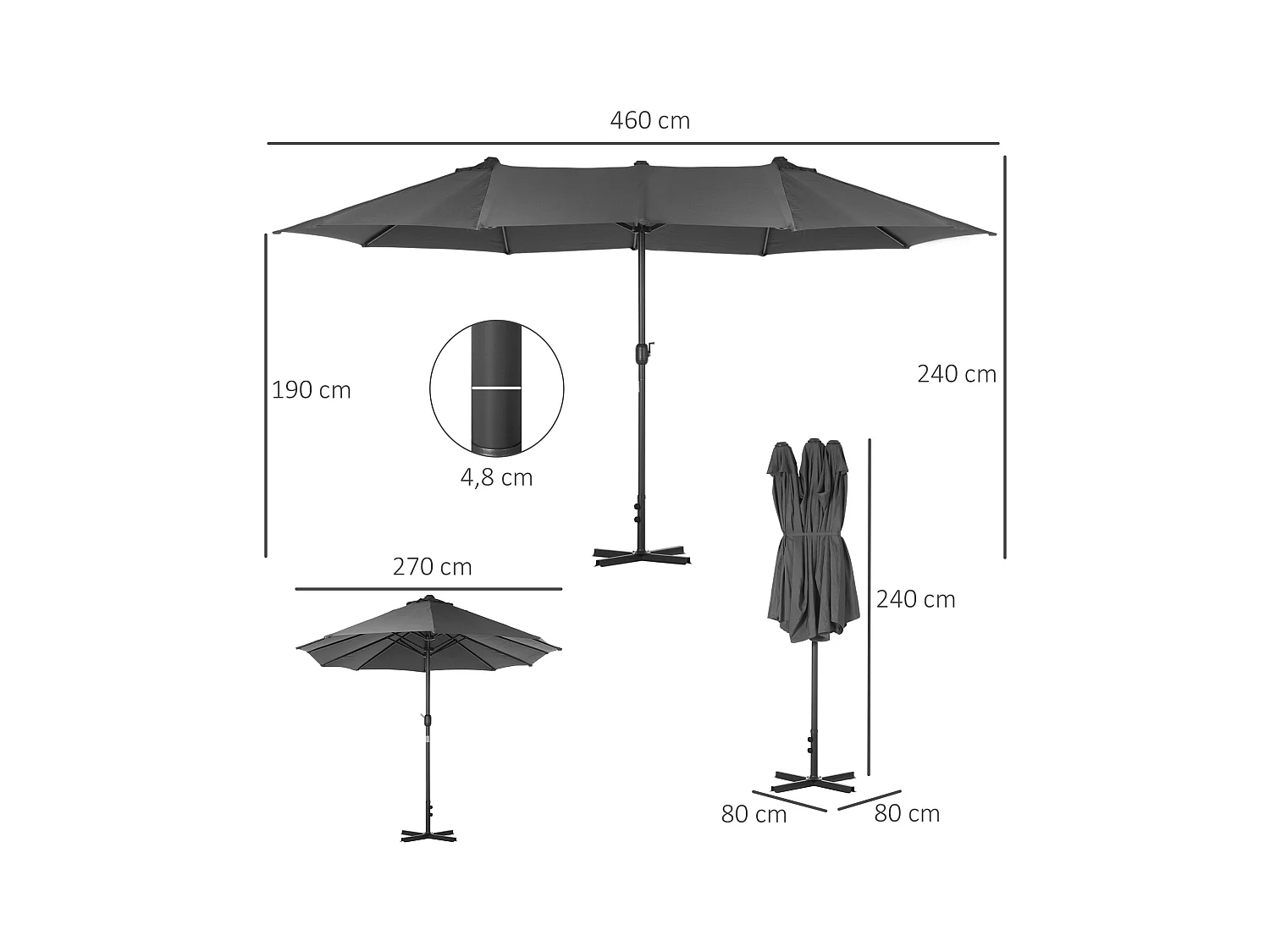Parasol de jardin XXL parasol grande taille 4,6L x 2,7l x 2,4H m ouverture fermeture manivelle acier polyester haute densité gris