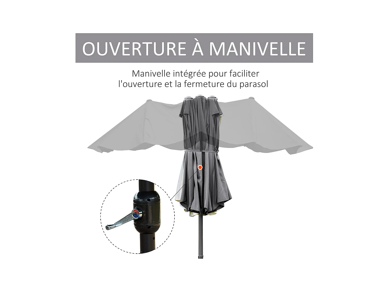Parasol de jardin XXL parasol grande taille 4,6L x 2,7l x 2,4H m ouverture fermeture manivelle acier polyester haute densité gris