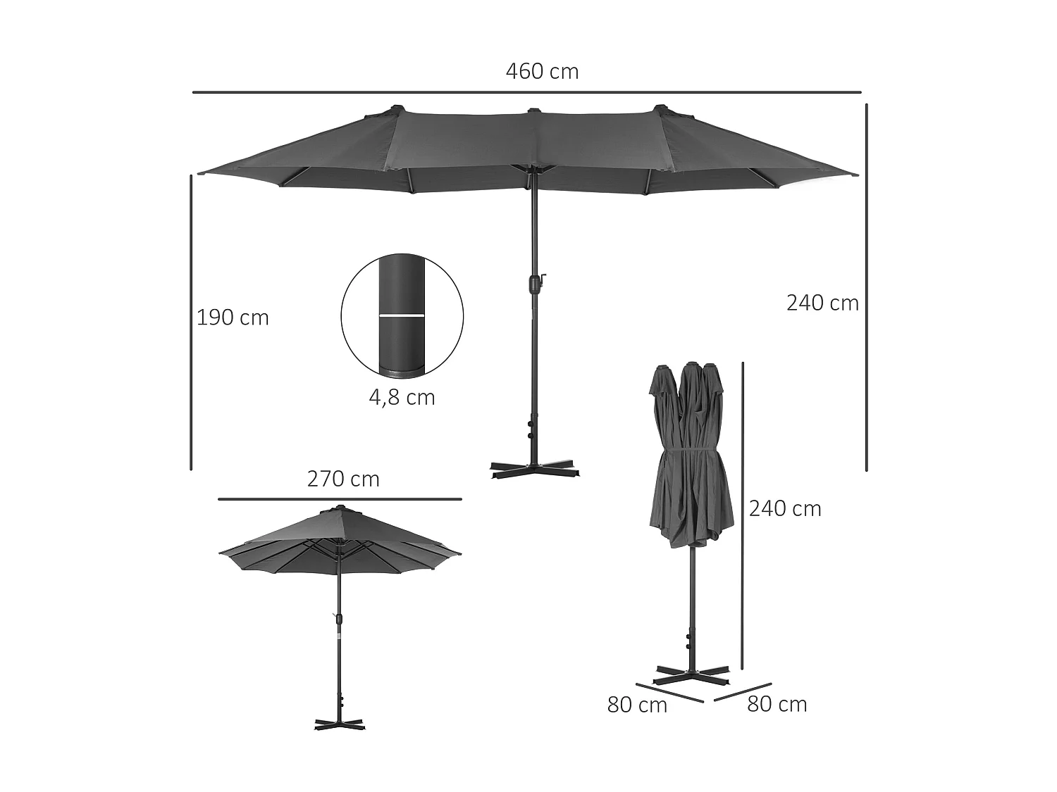 Parasol de jardin XXL parasol grande taille 4,6L x 2,7l x 2,4H m ouverture fermeture manivelle acier polyester haute densité gris
