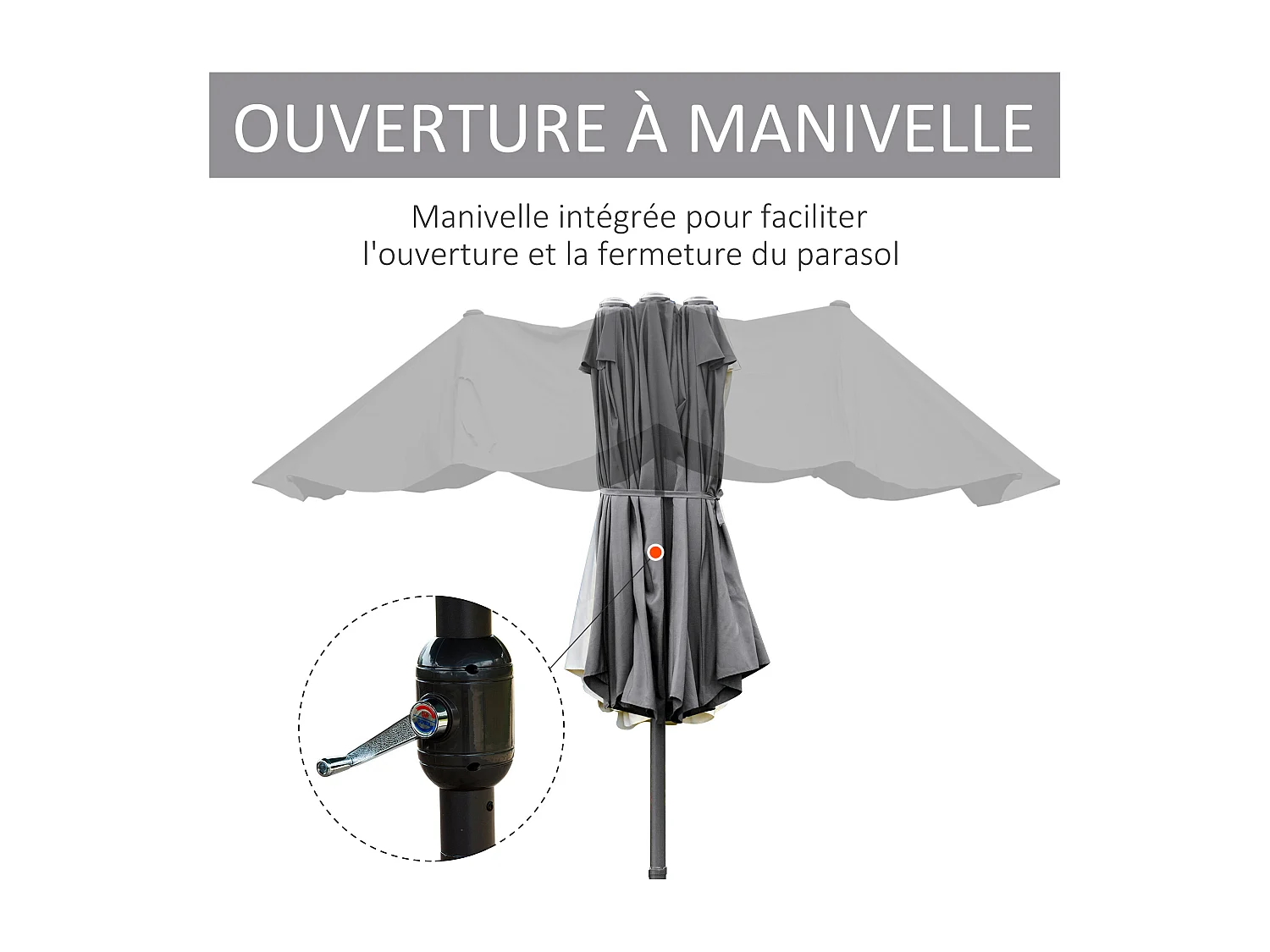 Parasol de jardin XXL parasol grande taille 4,6L x 2,7l x 2,4H m ouverture fermeture manivelle acier polyester haute densité gris