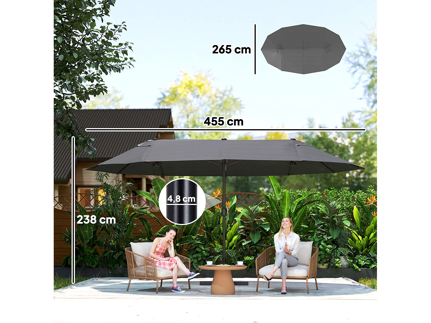 Parasol de jardin XXL parasol grande taille 4,6L x 2,7l x 2,4H m ouverture fermeture manivelle acier polyester haute densité gris