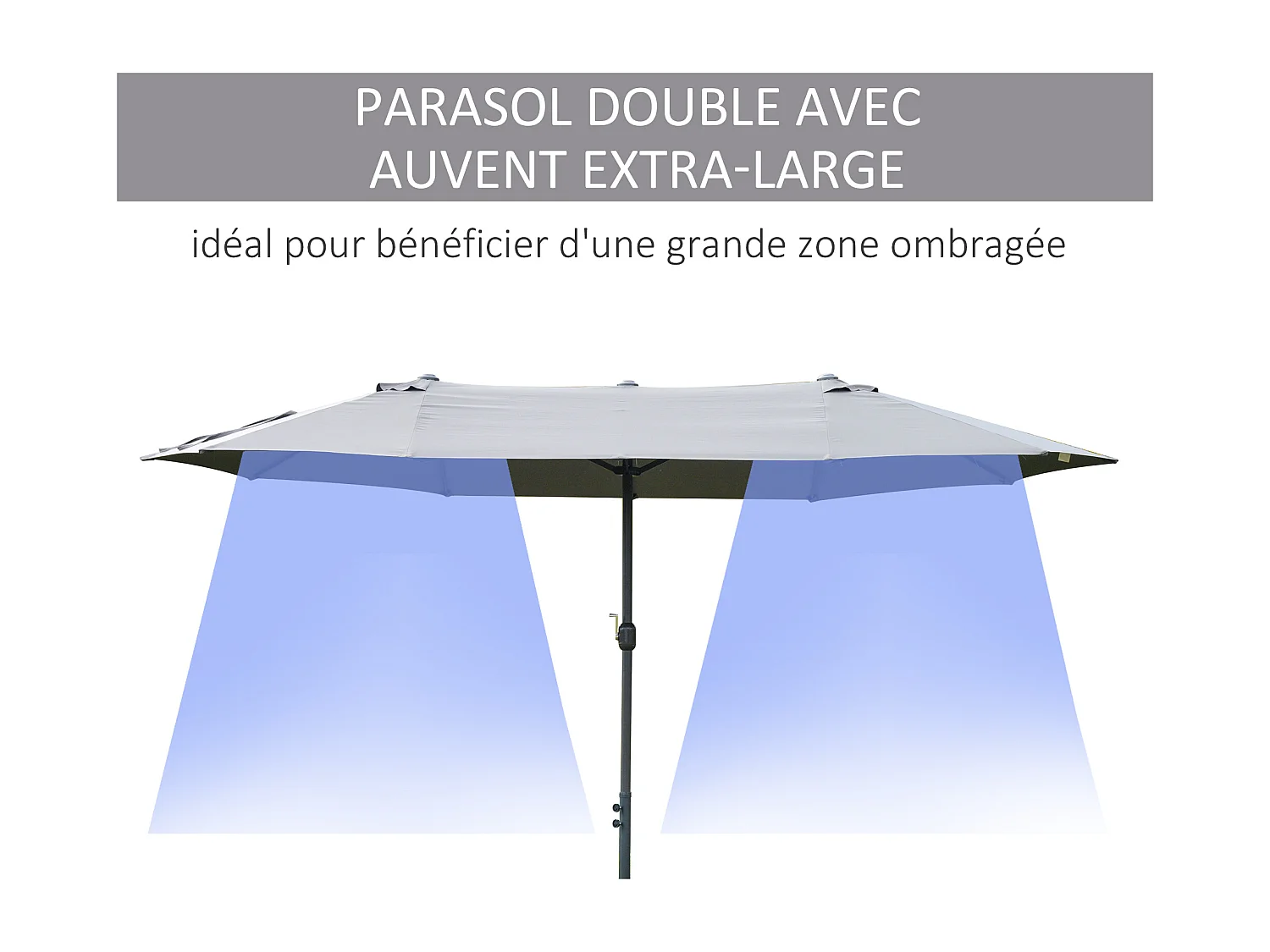 Parasol de jardin XXL parasol grande taille 4,6L x 2,7l x 2,4H m ouverture fermeture manivelle acier polyester haute densité gris