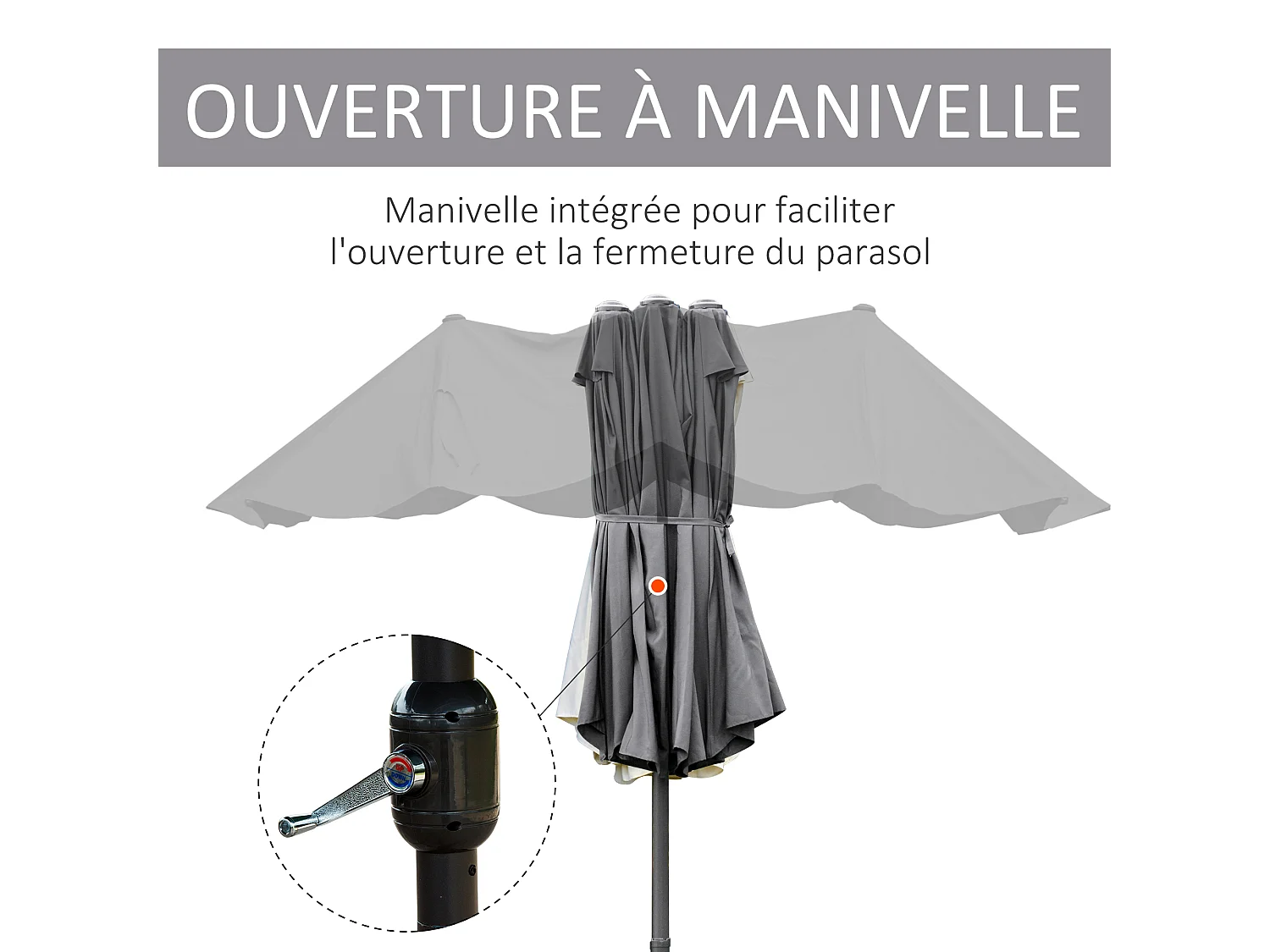 Parasol de jardin XXL parasol grande taille 4,6L x 2,7l x 2,4H m ouverture fermeture manivelle acier polyester haute densité gris