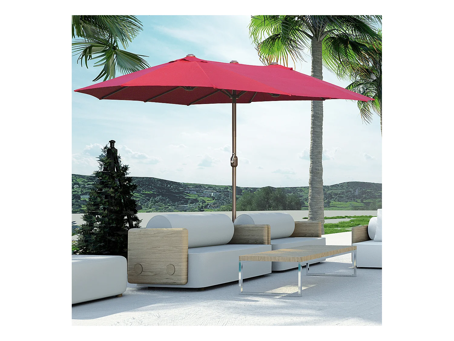 Parasol de jardin XXL dim. 4,6L x 2,7l x 2,4H m ouverture fermeture manivelle pied & contrepoids inclus acier polyester haute densité bordeaux