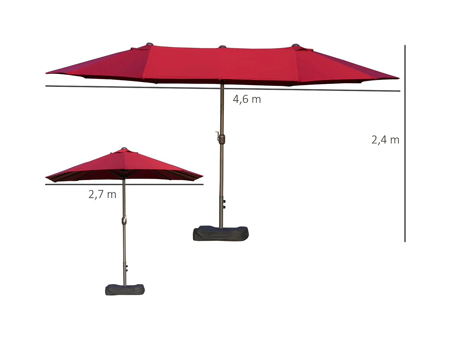 Parasol de jardin XXL dim. 4,6L x 2,7l x 2,4H m ouverture fermeture manivelle pied & contrepoids inclus acier polyester haute densité bordeaux